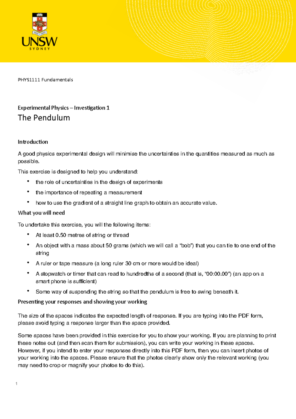 Fundamentals of Experimental Physics 1: The Pendulum Experiment - Studocu