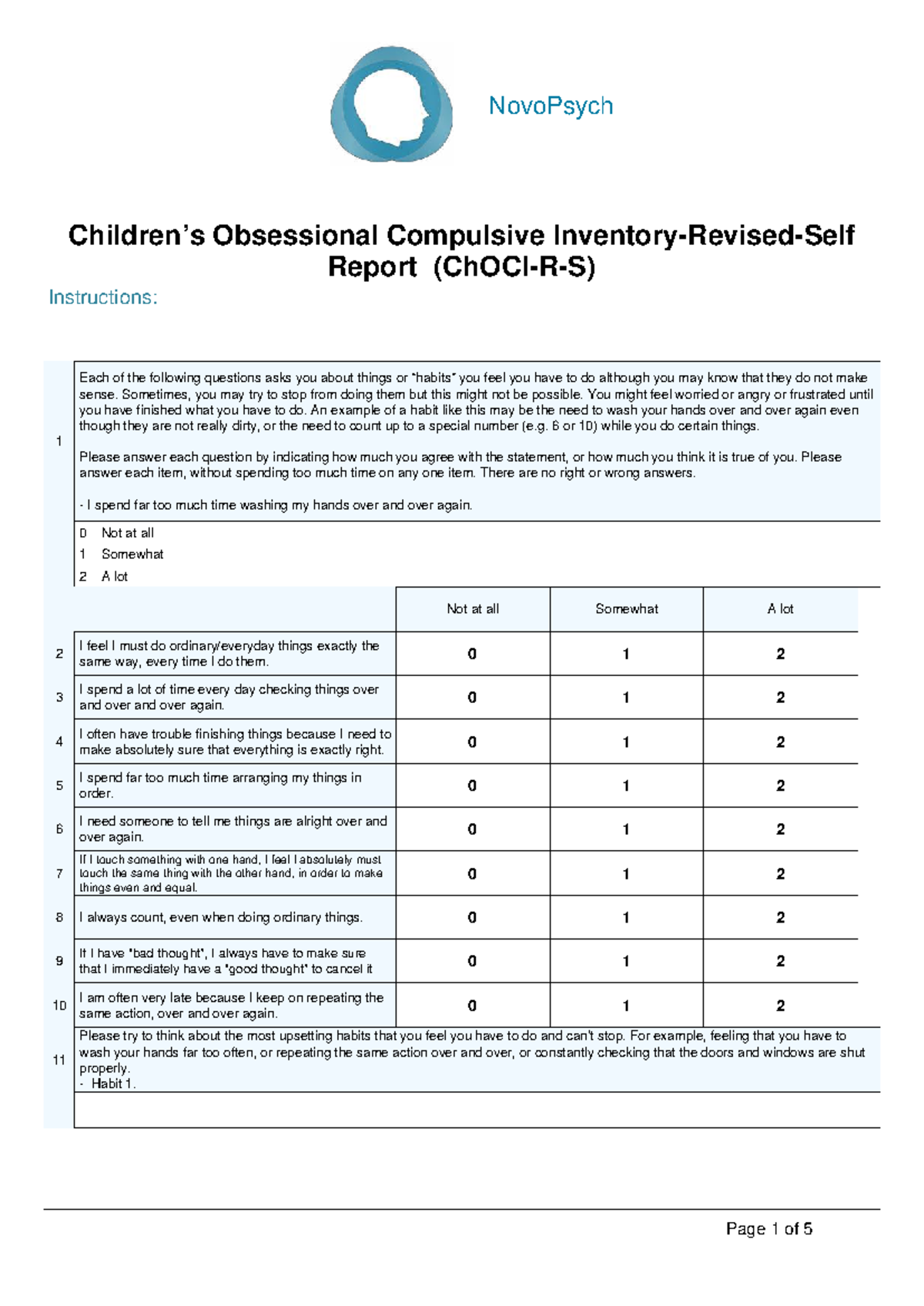 NovoPsych Obsessional Compulsive Report Instructions: Assessment Form ...