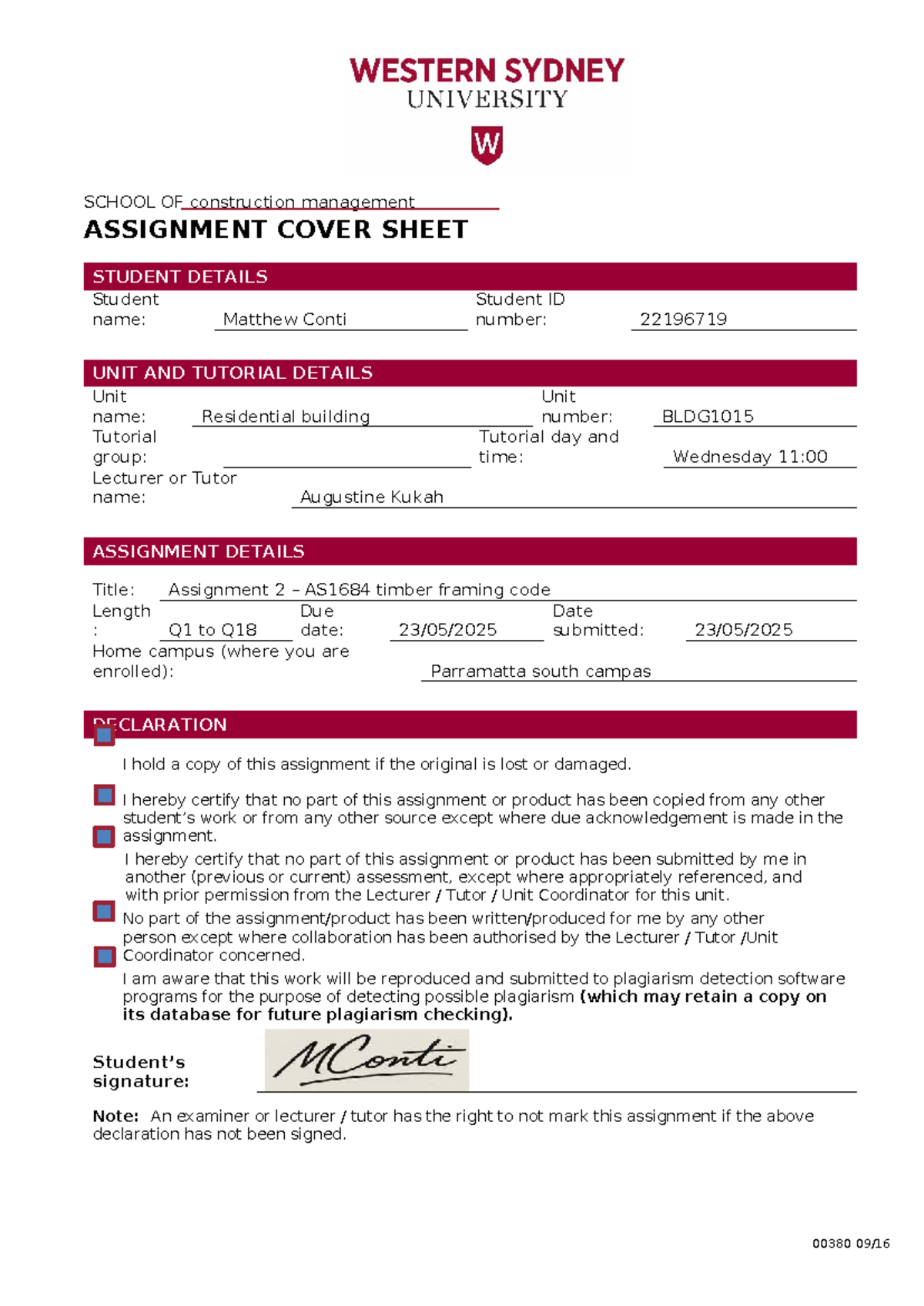BLDG1015 Assignment 2: AS1684 Timber Framing Code Cover Sheet - Studocu