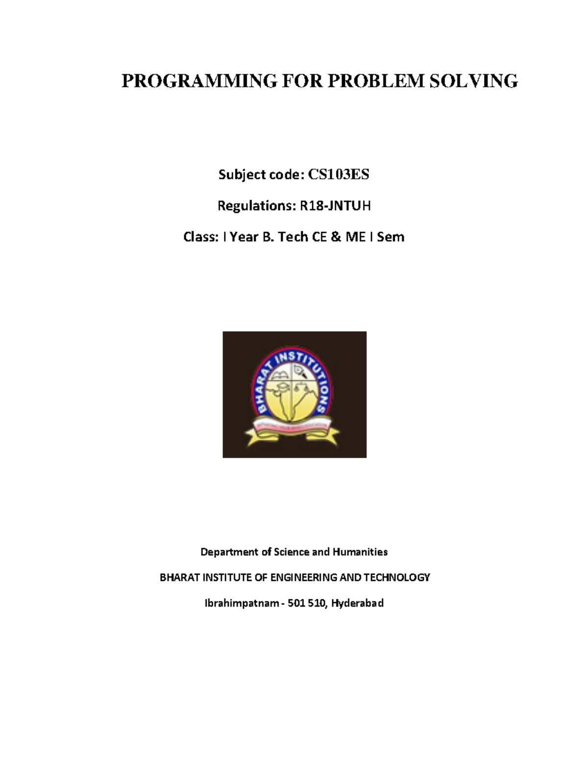 CS103ES - Programming for Problem Solving Preparation Notes - Studocu