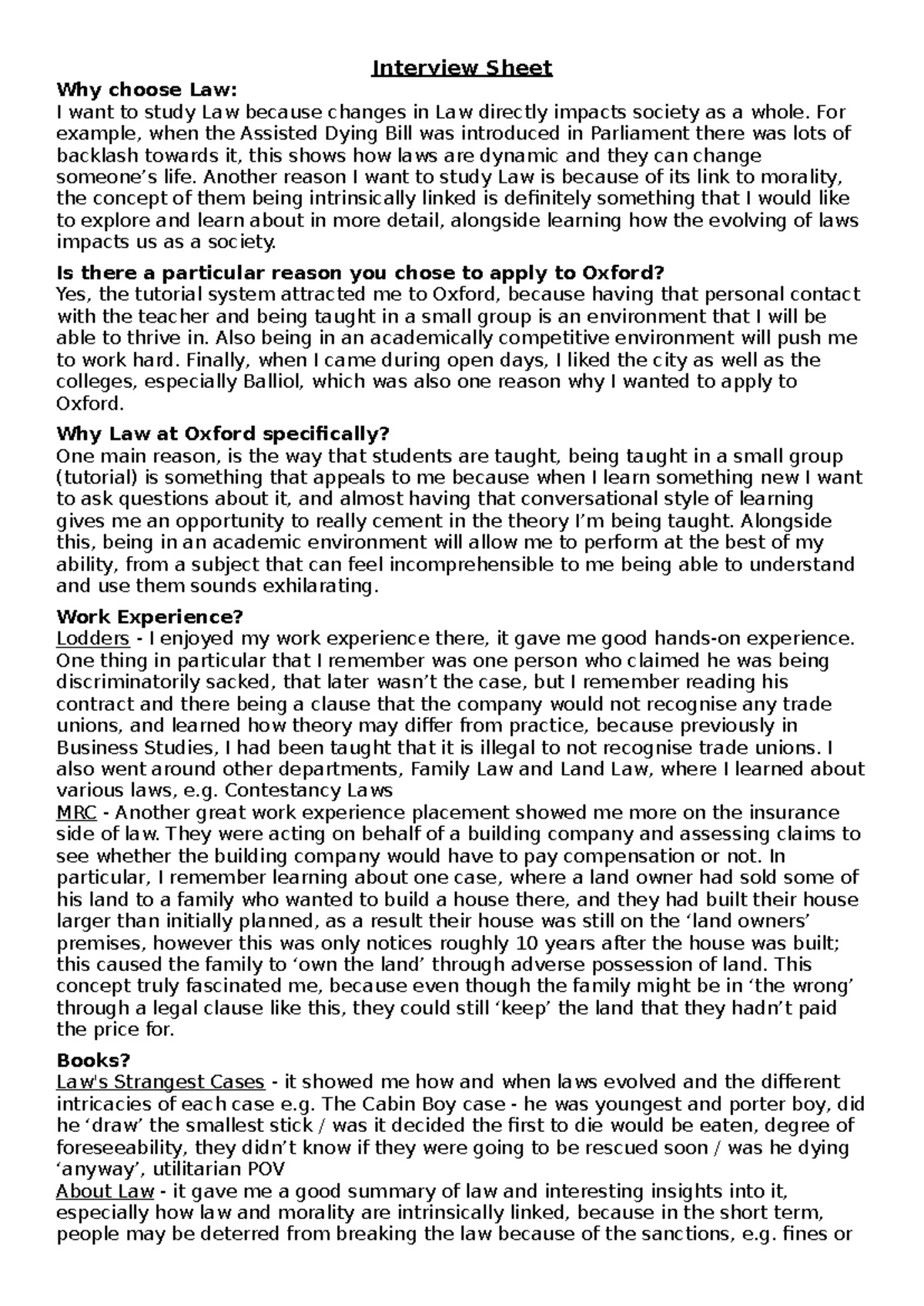 Interview Sheet: Why I Want to Study Law at Oxford - Studocu