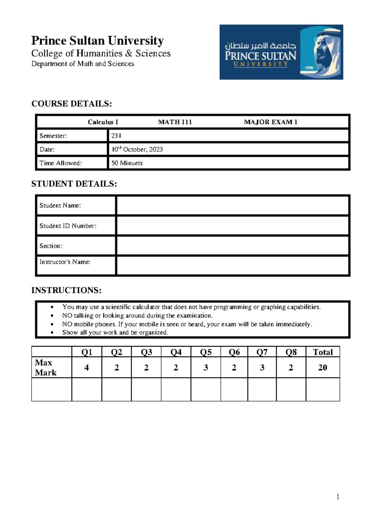 MATH 231 Major Exam 1 - Calculus I Course Details and Instructions ...