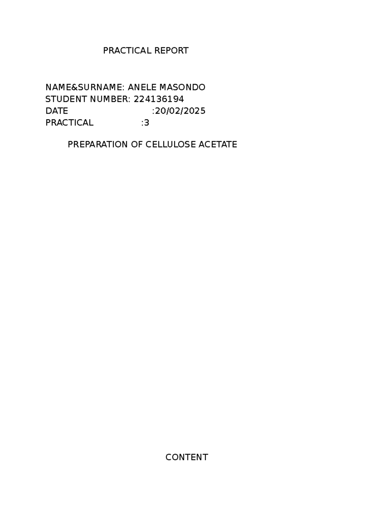 APCH 221 PRAC report - PRACTICAL REPORT NAME&SURNAME: ANELE MASONDO ...