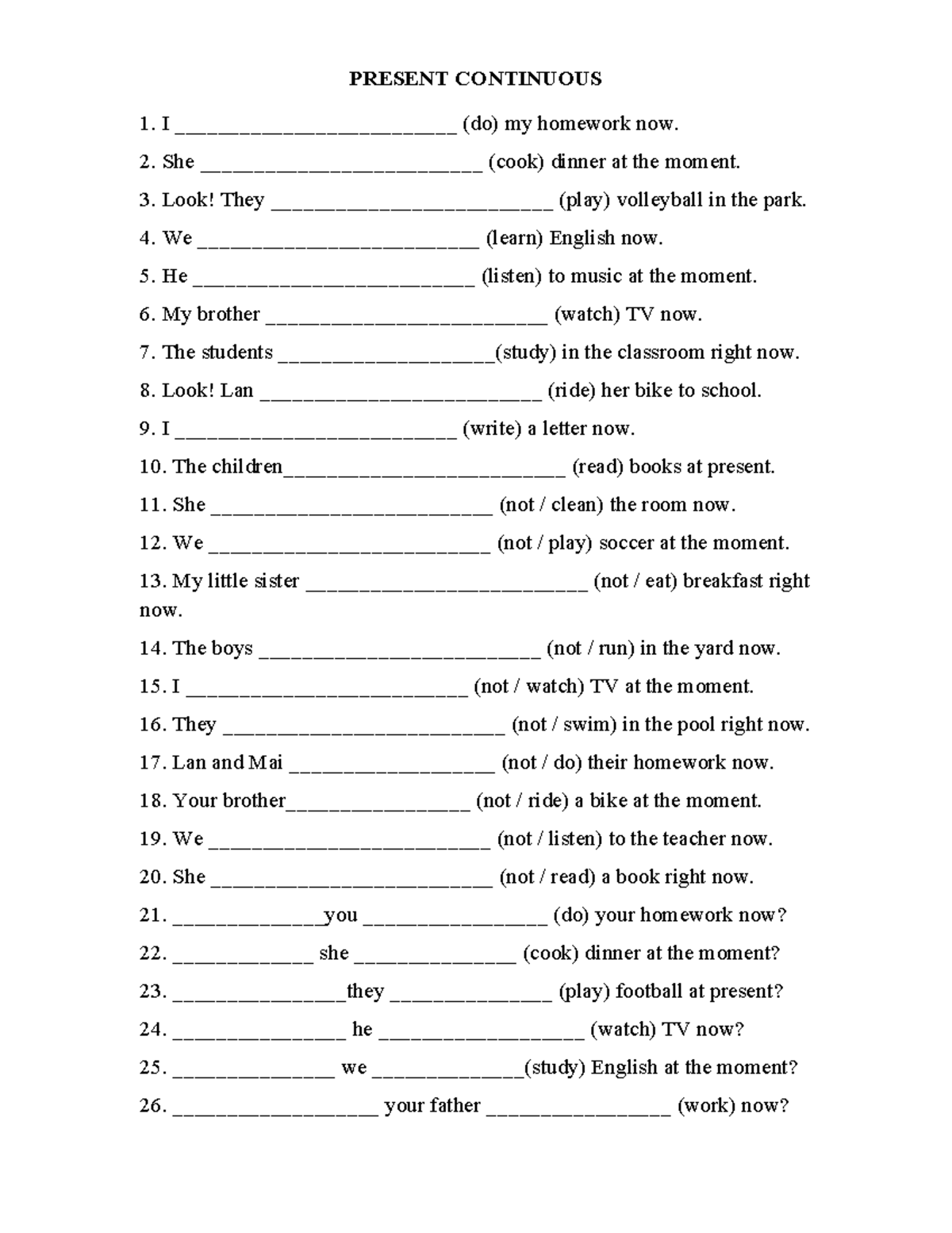 Present Continuous Tense - Easy Exercises and Examples - Studocu