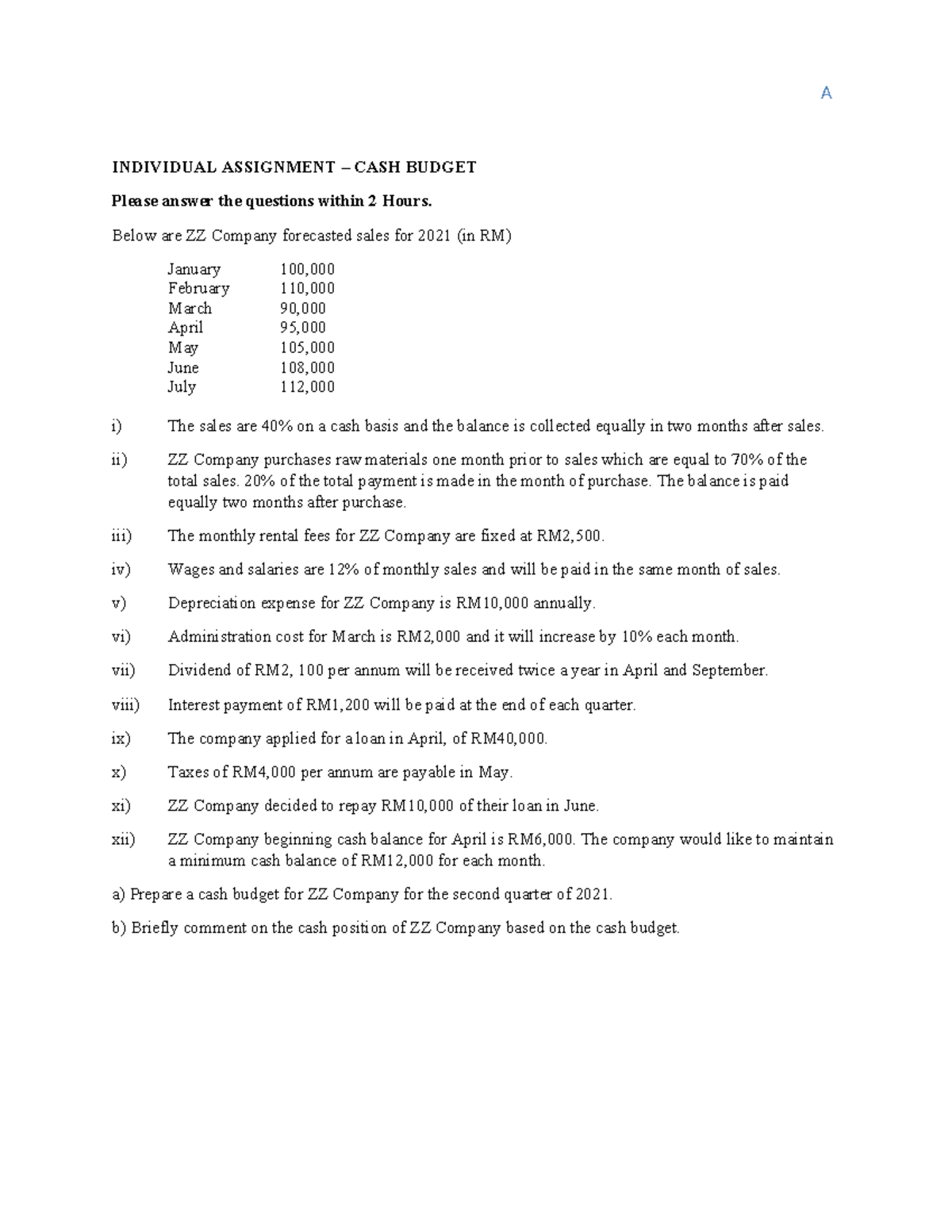 IND ASSIGNMENT: CASH BUDGET ANALYSIS FOR ZZ CO. - Studocu