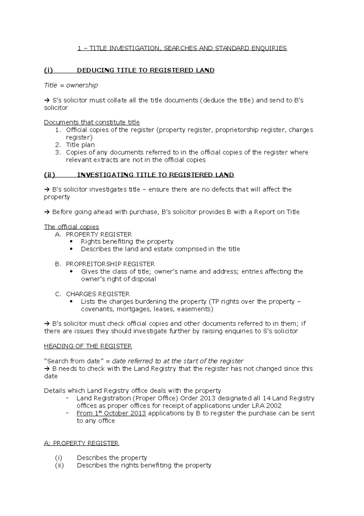 Title Investigation, Searches & Standard Enquiries for LRA 2002 - Studocu