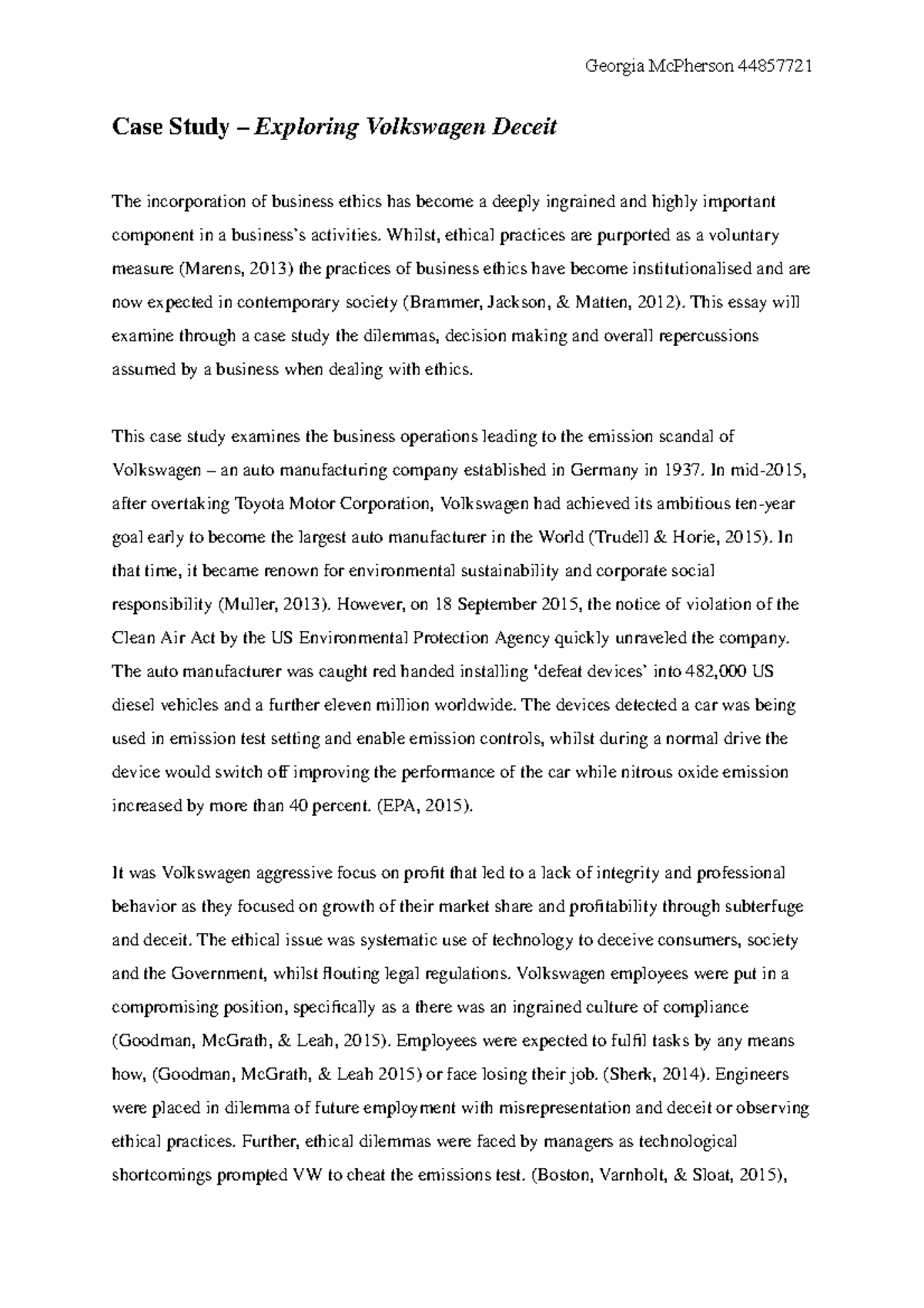 Case Study – Volkswagen - Case Study – Exploring Volkswagen Deceit The ...