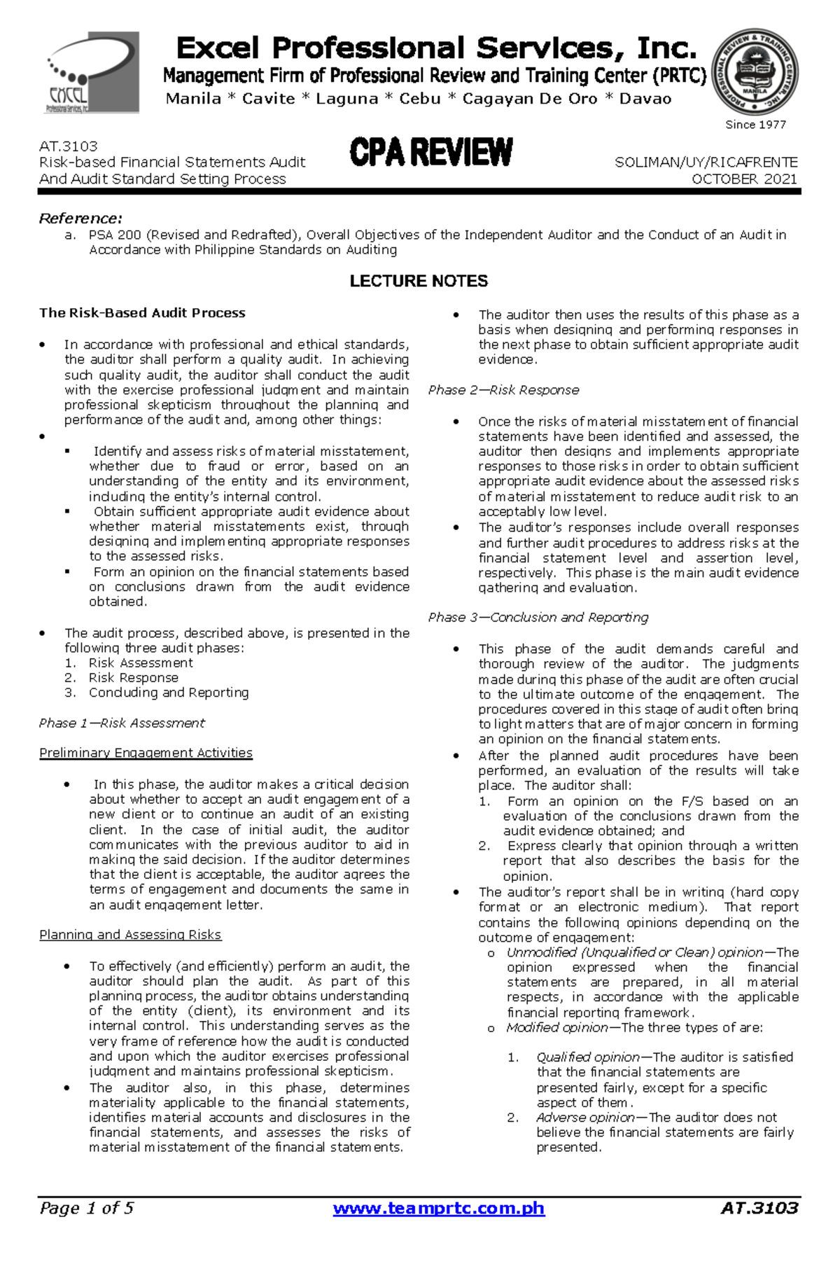 AT.310 Risk-Based Financial Statements Audit Lecture Notes - Studocu