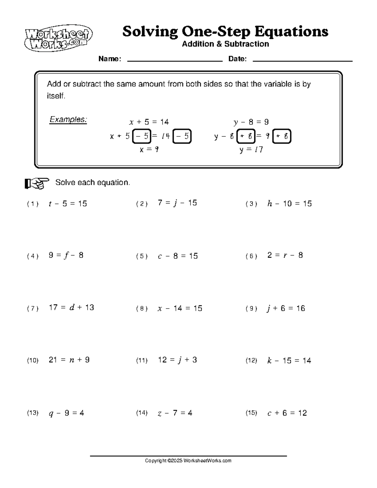 Worksheet Works Solving One Step Equations 1 - Add or subtract the same ...