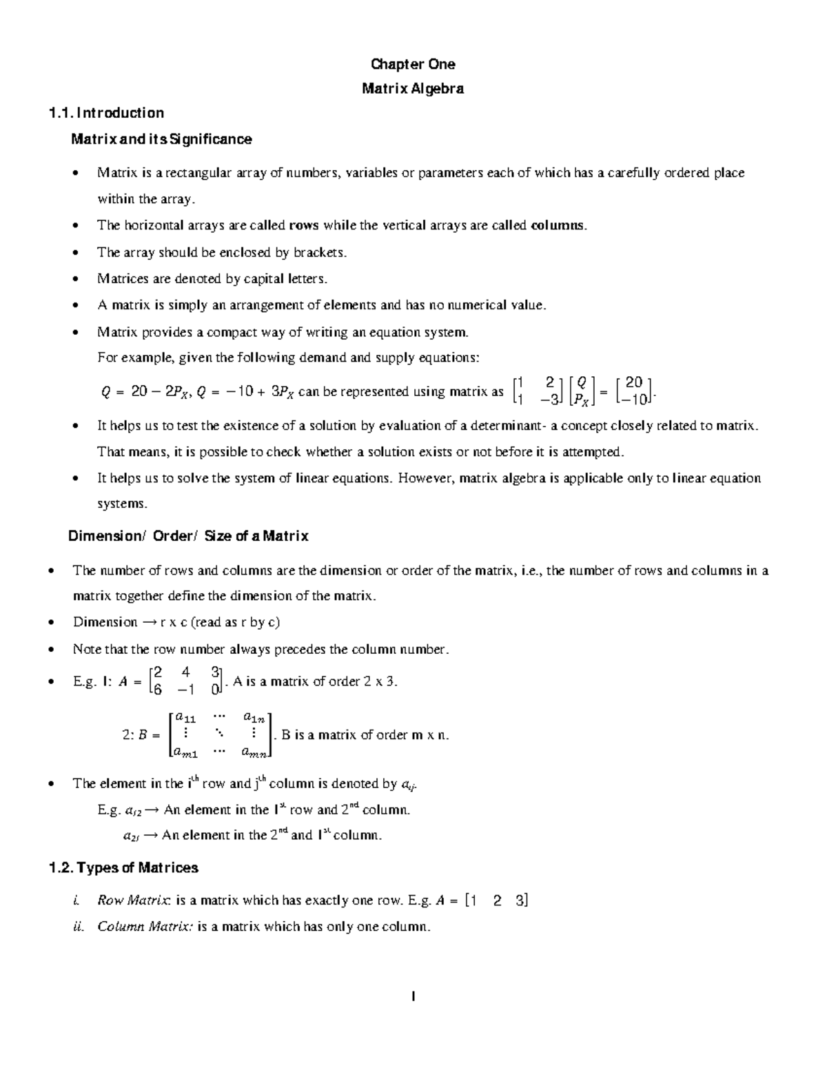 Linear Algebra (MATH101) Lecture Notes: Matrix Algebra Overview - Studocu
