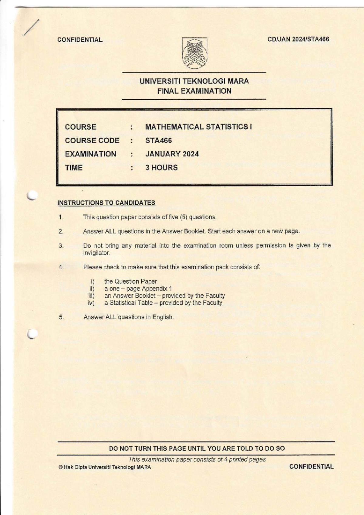 Final Exam STA466: Mathematical Statistics I Questions - January 2024 ...