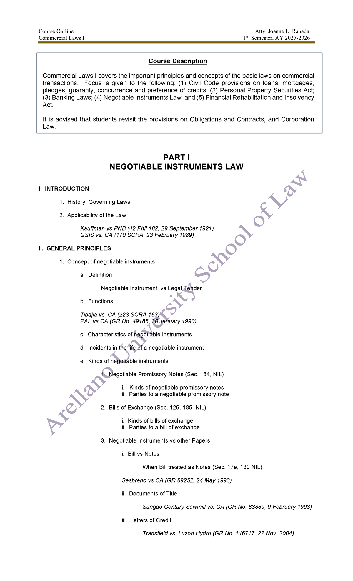 Syllabus for Commercial Laws I (Comm-I-CONS) - 1st Sem, AY 2025 - Studocu