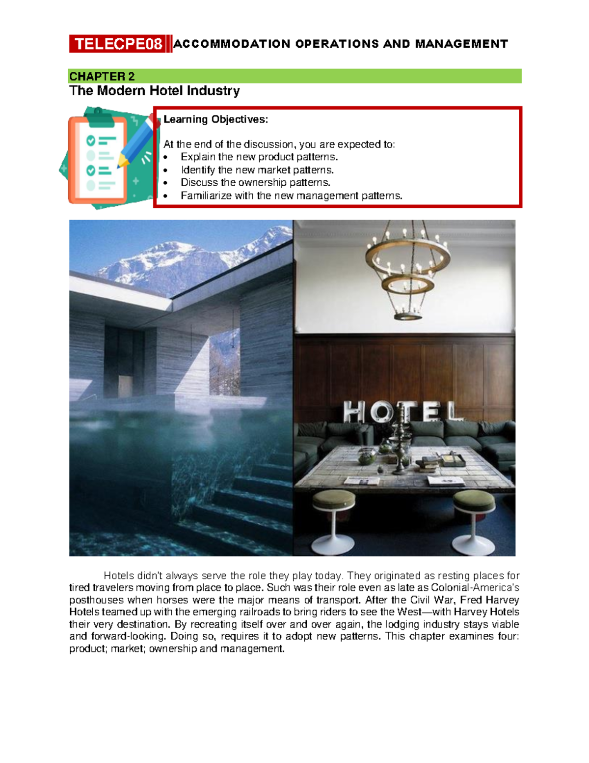 Chapter 2 The Modern Hotel Industry - Learning Objectives: At the end ...