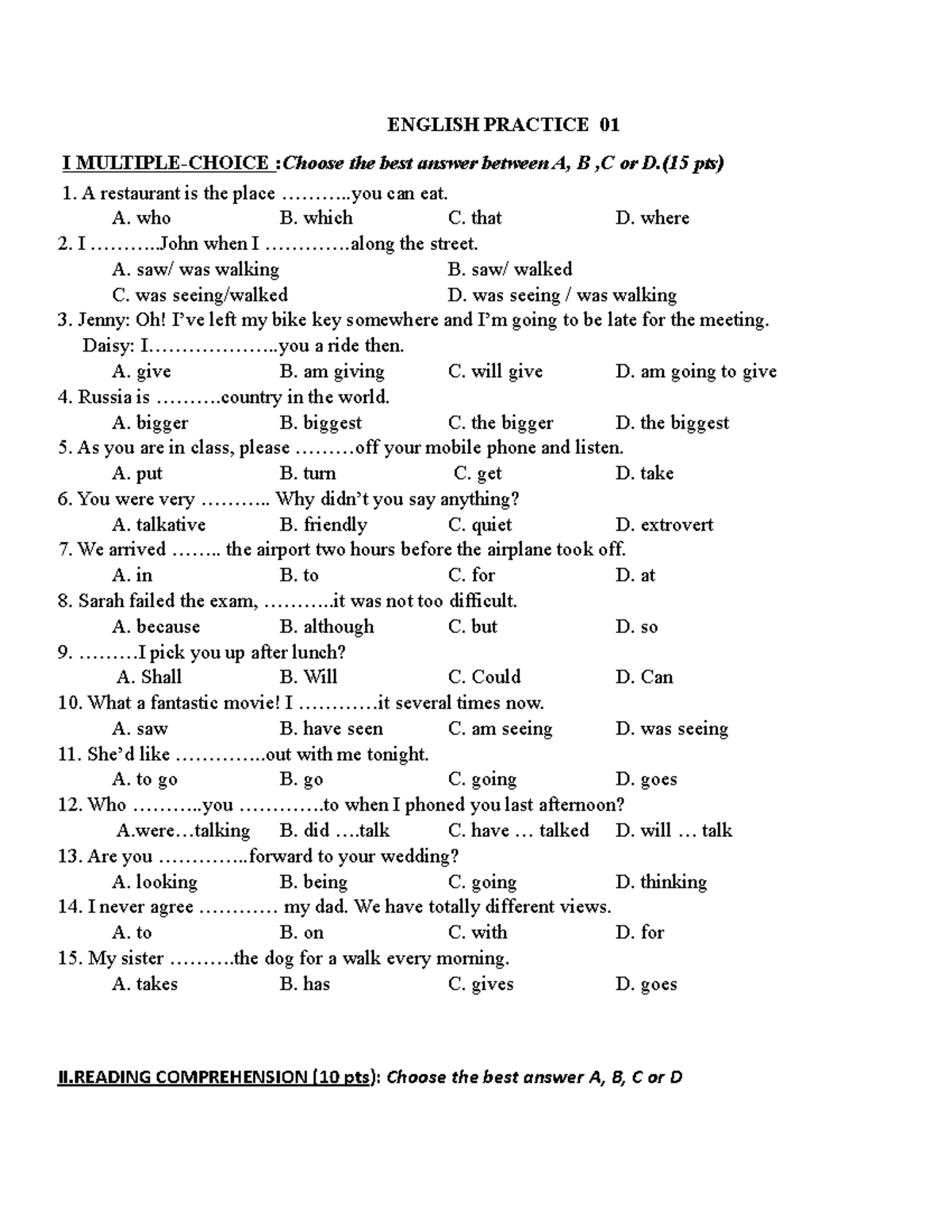 English Practice Test 1: Multiple Choice, Reading & Error ...