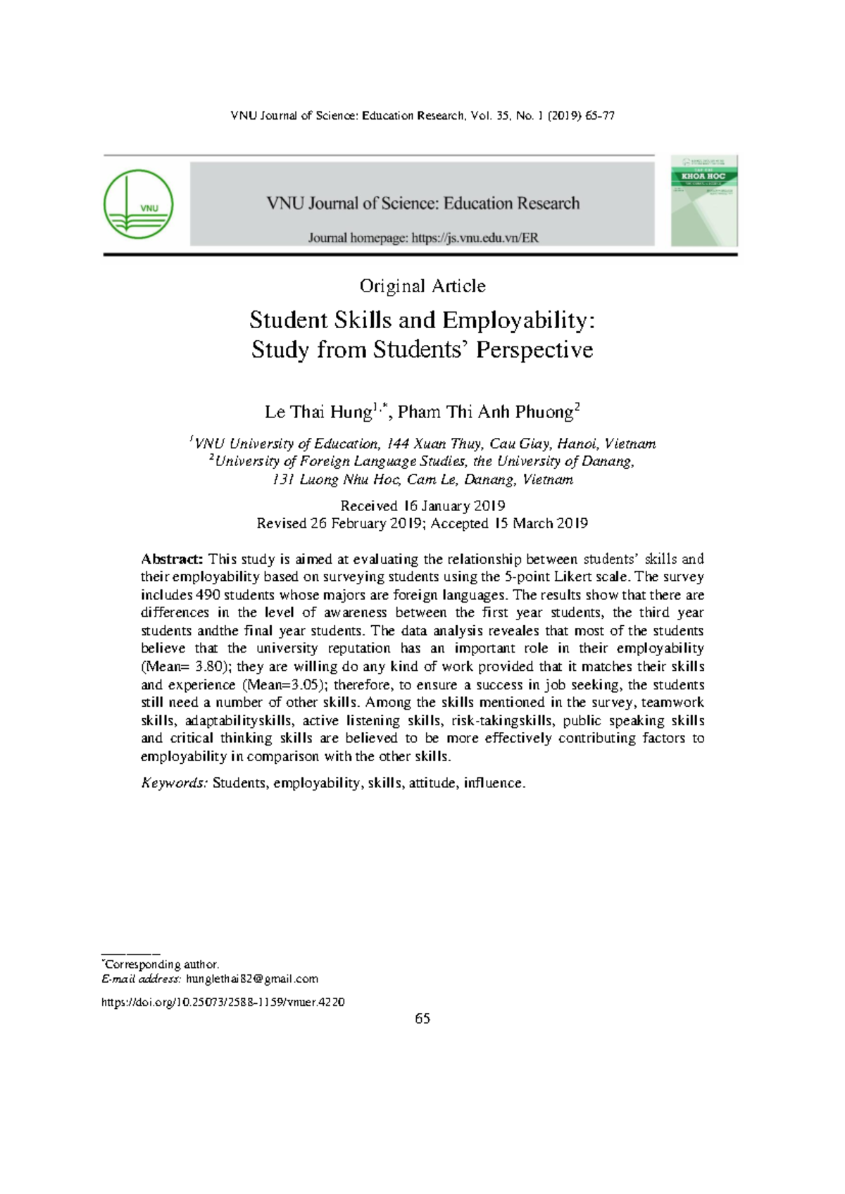 VNU Journal of Science: Education Research - Student Skills ...