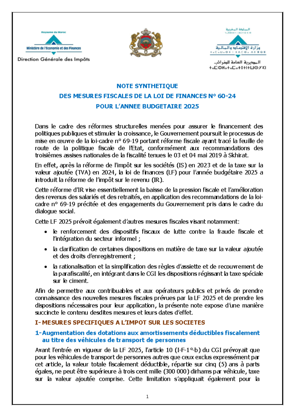 DGI - Note Synthétique sur les Mesures Fiscales de la LF 2025 - Studocu