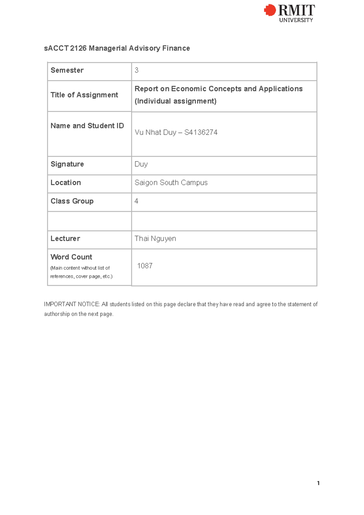 Assignment 1 BUSM256 - sACCT 2126 Managerial Advisory Finance Semester ...