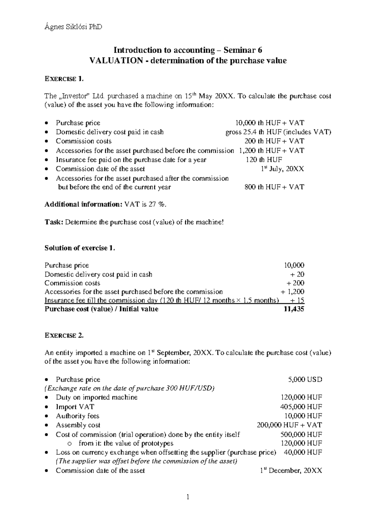 Introduction to Accounting Seminar 6: Valuation of Purchase Value ...