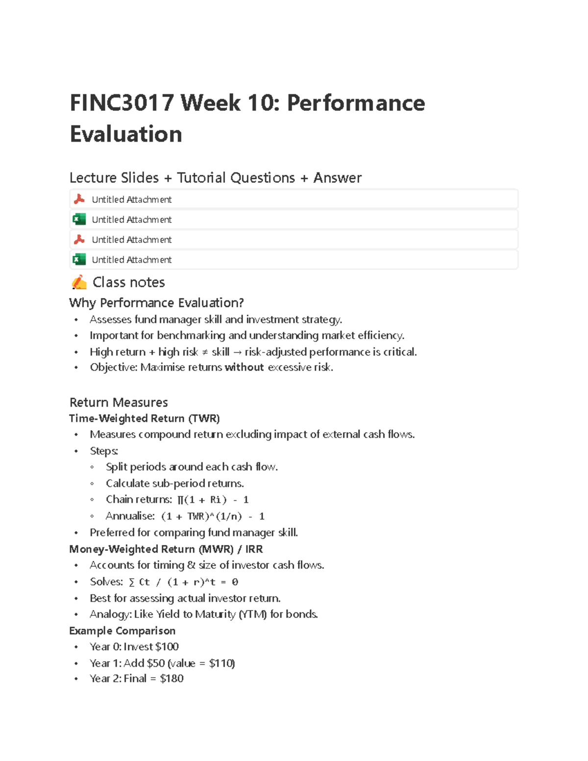 FINC3017 Week 10: Performance Evaluation Lecture Notes & Q&A - Studocu