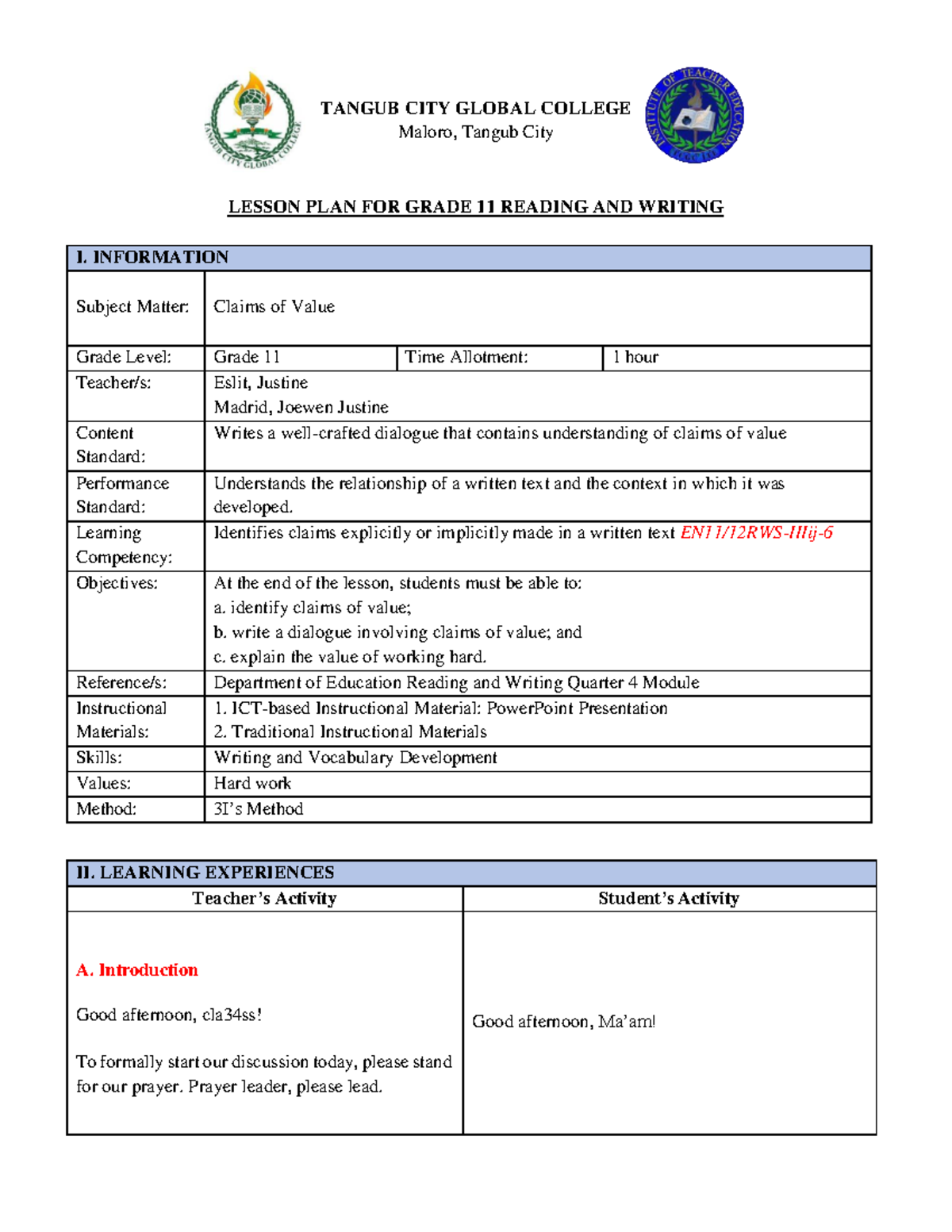 Grade 11 Reading & Writing I: Lesson Plan on Claims of Value - Studocu