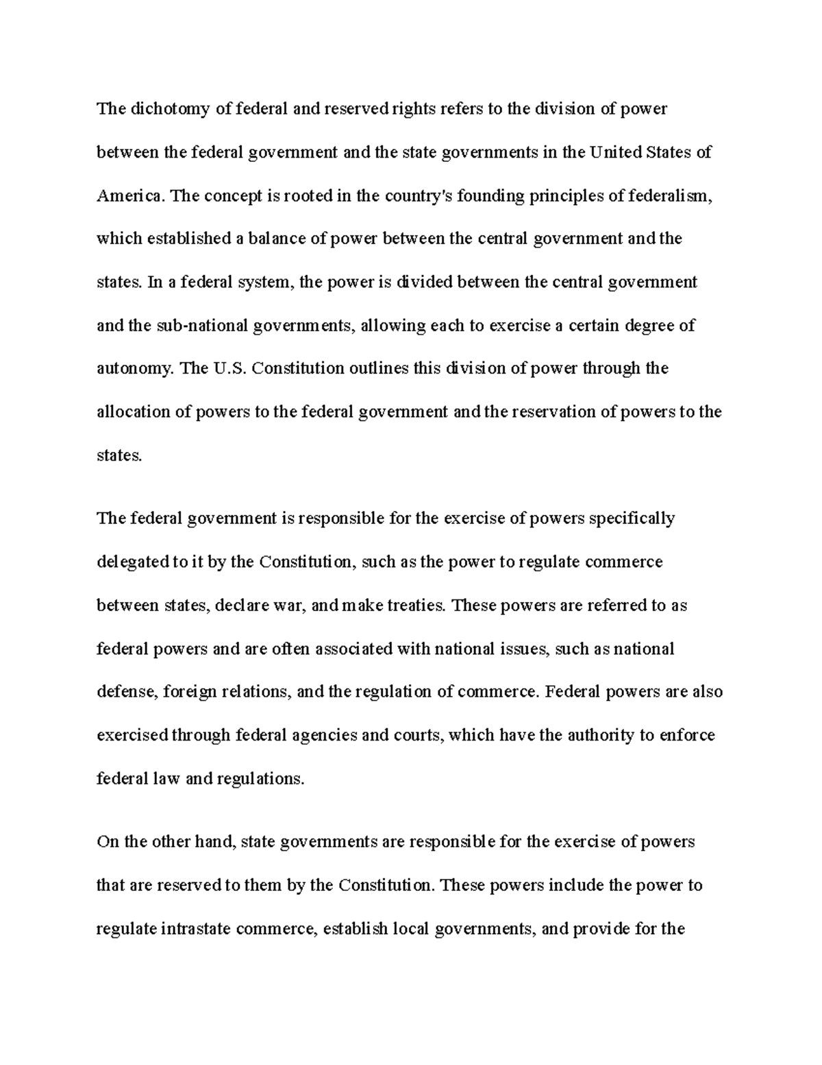Federal and Reserved Powers Notes - The dichotomy of federal and ...