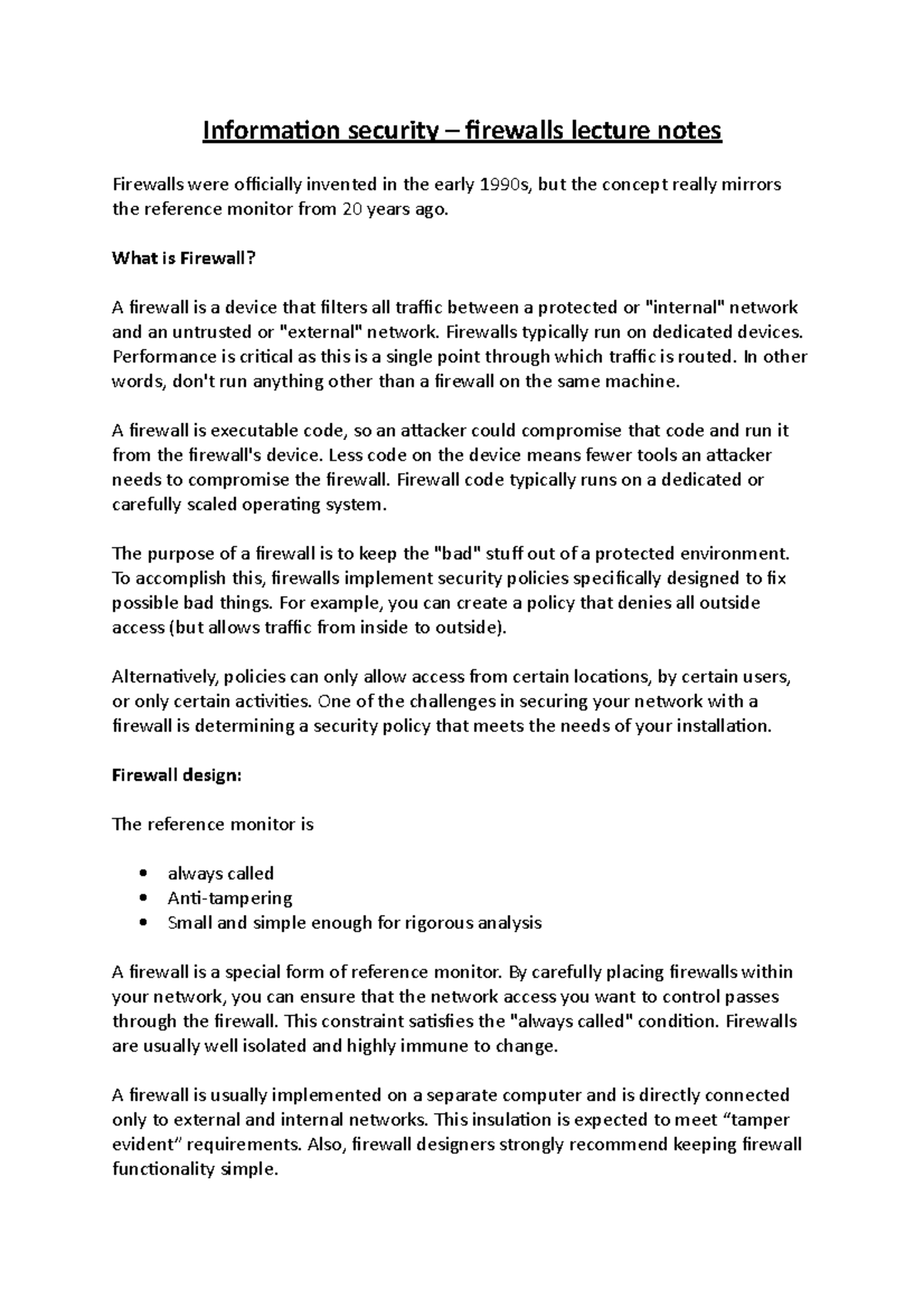 INFOSEC 101: Firewalls Lecture Notes on Network Security - Studocu