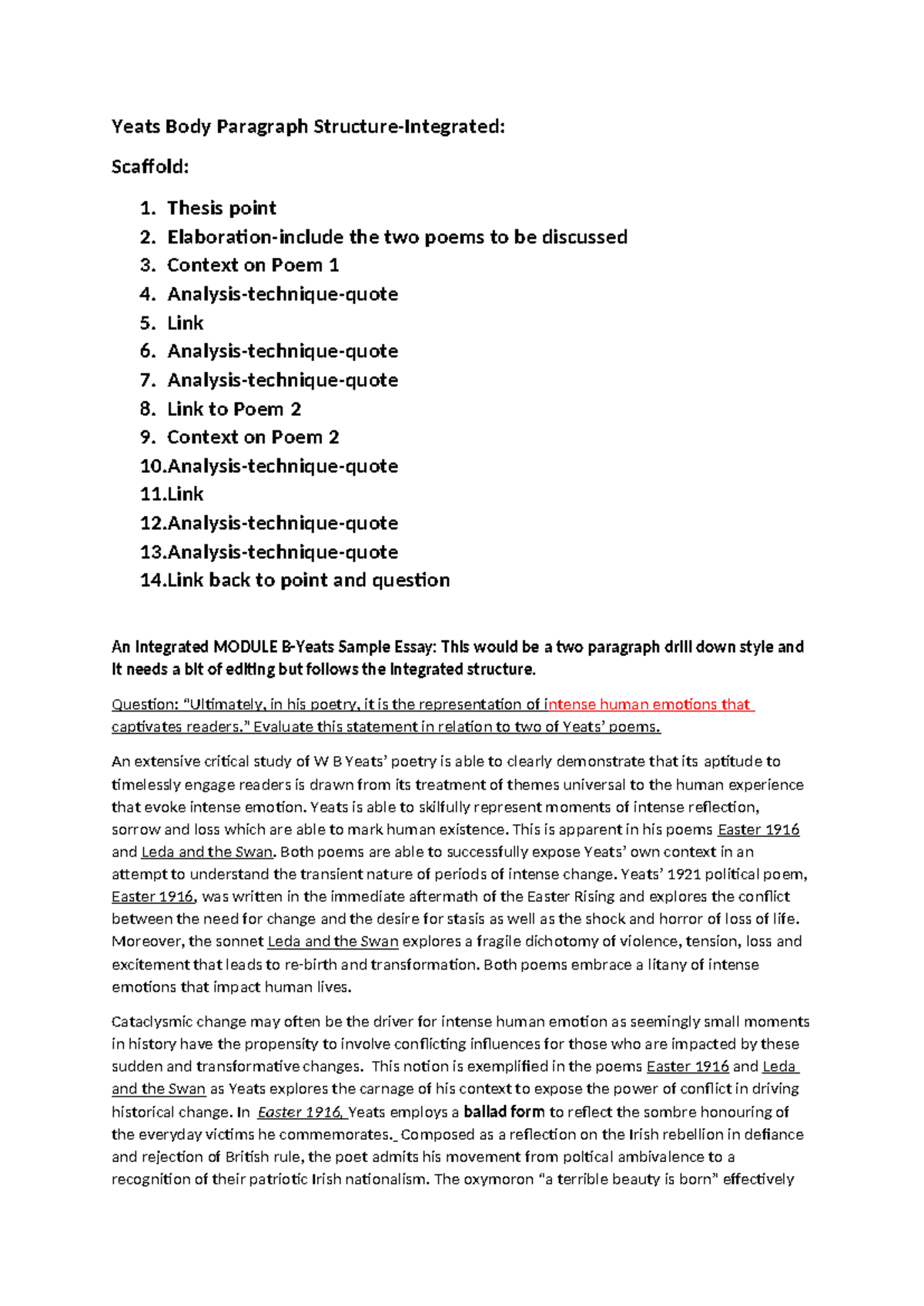 Yeats Poetry Analysis: Body Paragraph Structure & Sample Essay - Studocu