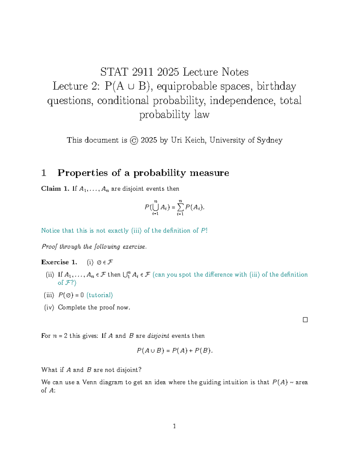 STAT 2911 2025 Lecture Notes: Conditional Probability & Independence ...