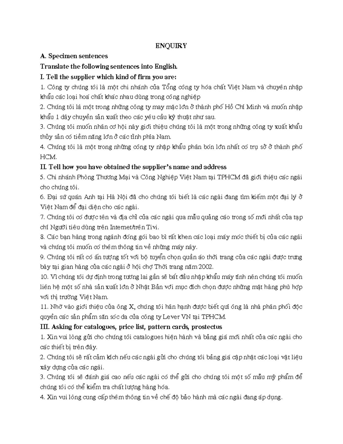 Enquiry Practice - ENQUIRY A. Specimen sentences Translate the ...