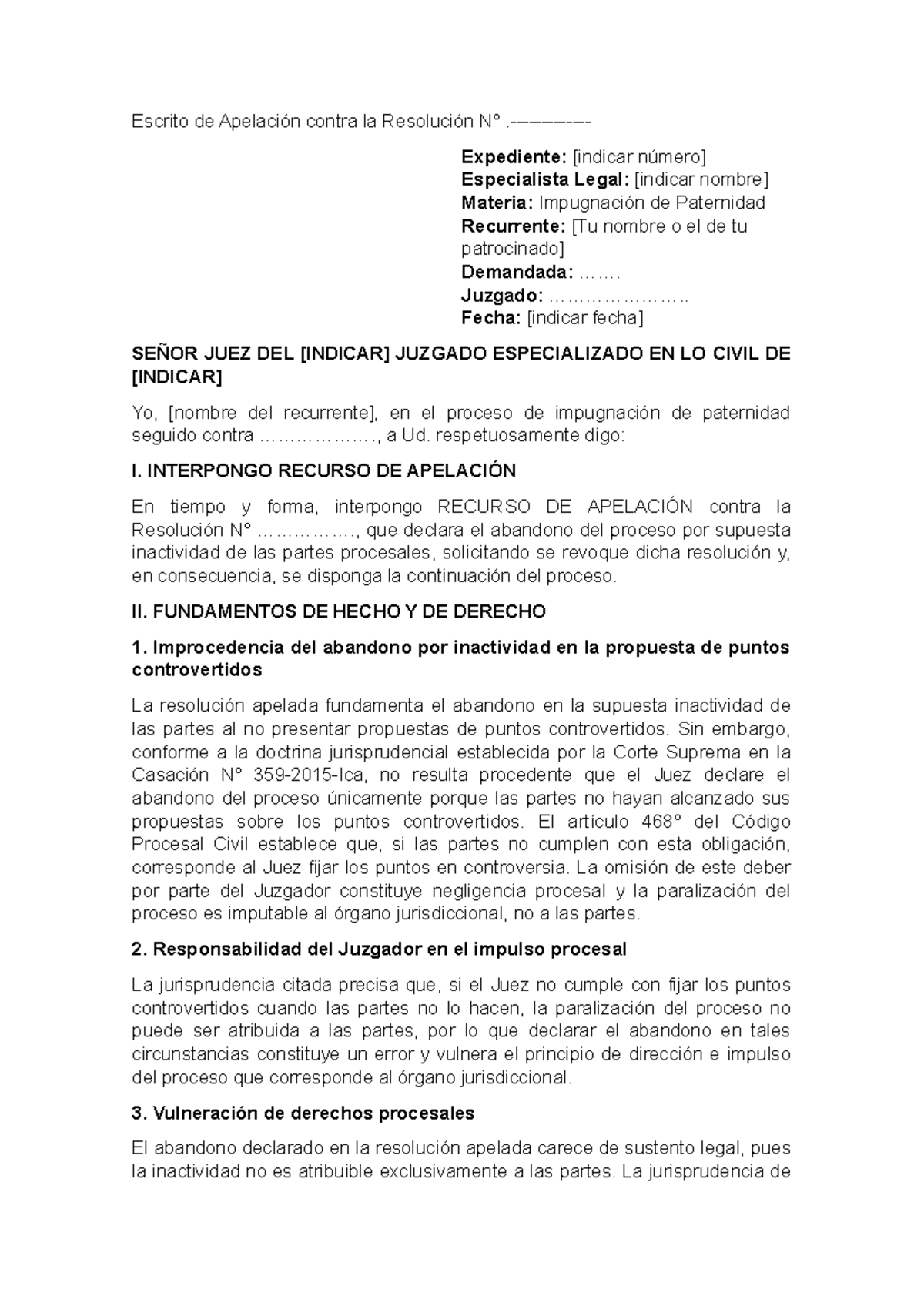 Modelo de Apelación en Impugnación de Paternidad - Legal 101 - Studocu