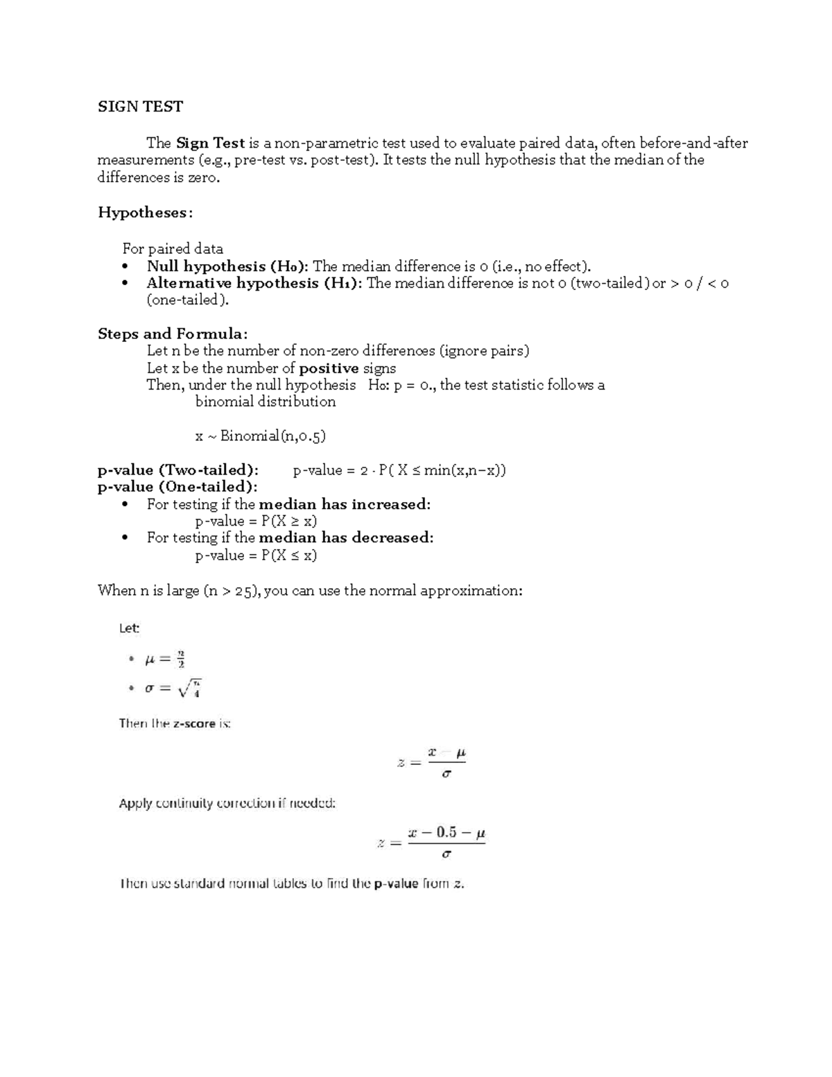Non-Parametric Tests: Sign Test, Wilcoxon, and H Test Overview - Studocu