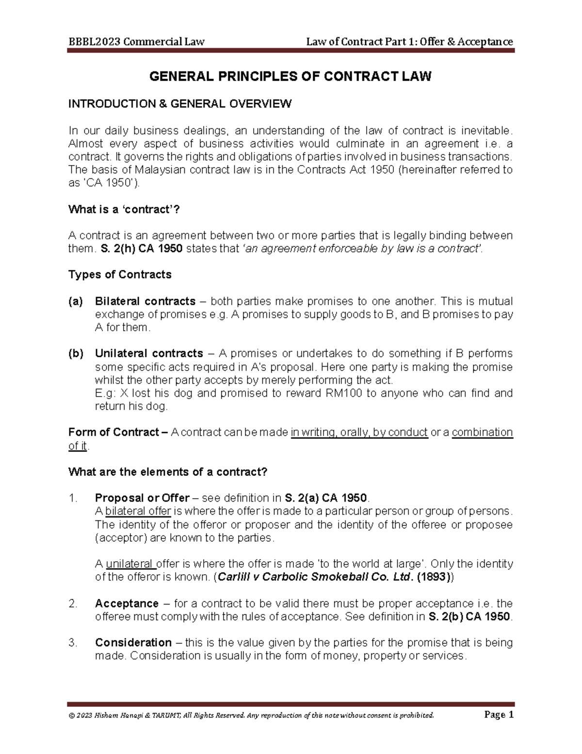 Chapter 2 Contract Pt 1: Offer, Acceptance & General Principles - Studocu