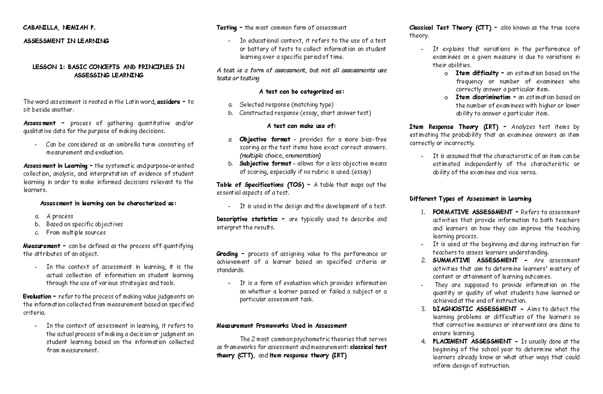 Assessment in Learning: Key Concepts and Principles (24 25) - Studocu