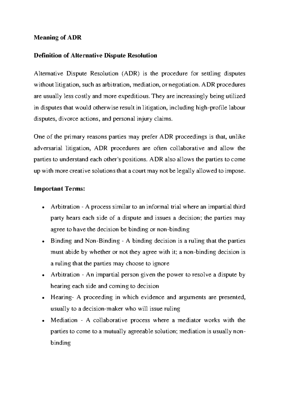 ADR Notes: Understanding Alternative Dispute Resolution Methods - Studocu
