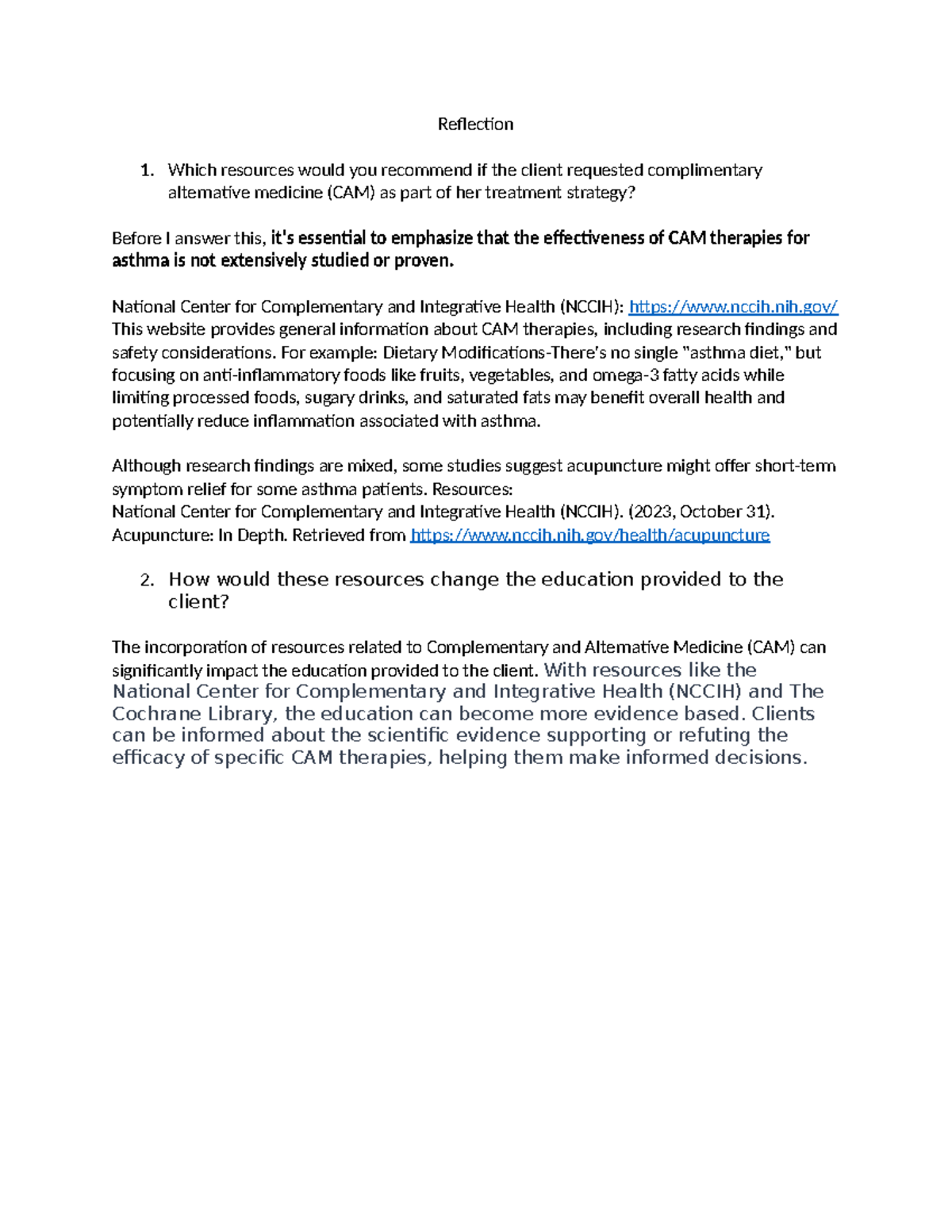 Asthma Management Reflection: Integrating CAM Resources for Education ...