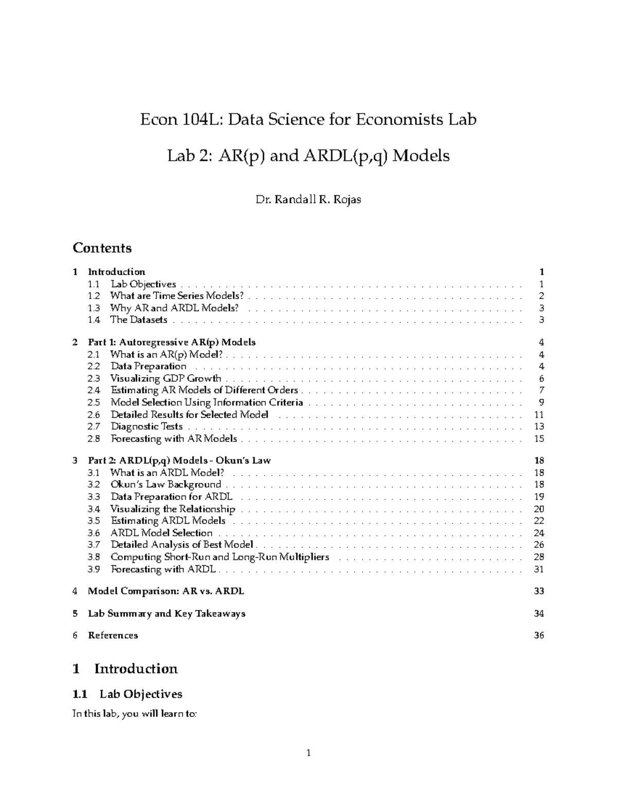 Econ 104L: Lab 2 - AR(p) and ARDL(p,q) Models Analysis - Studocu