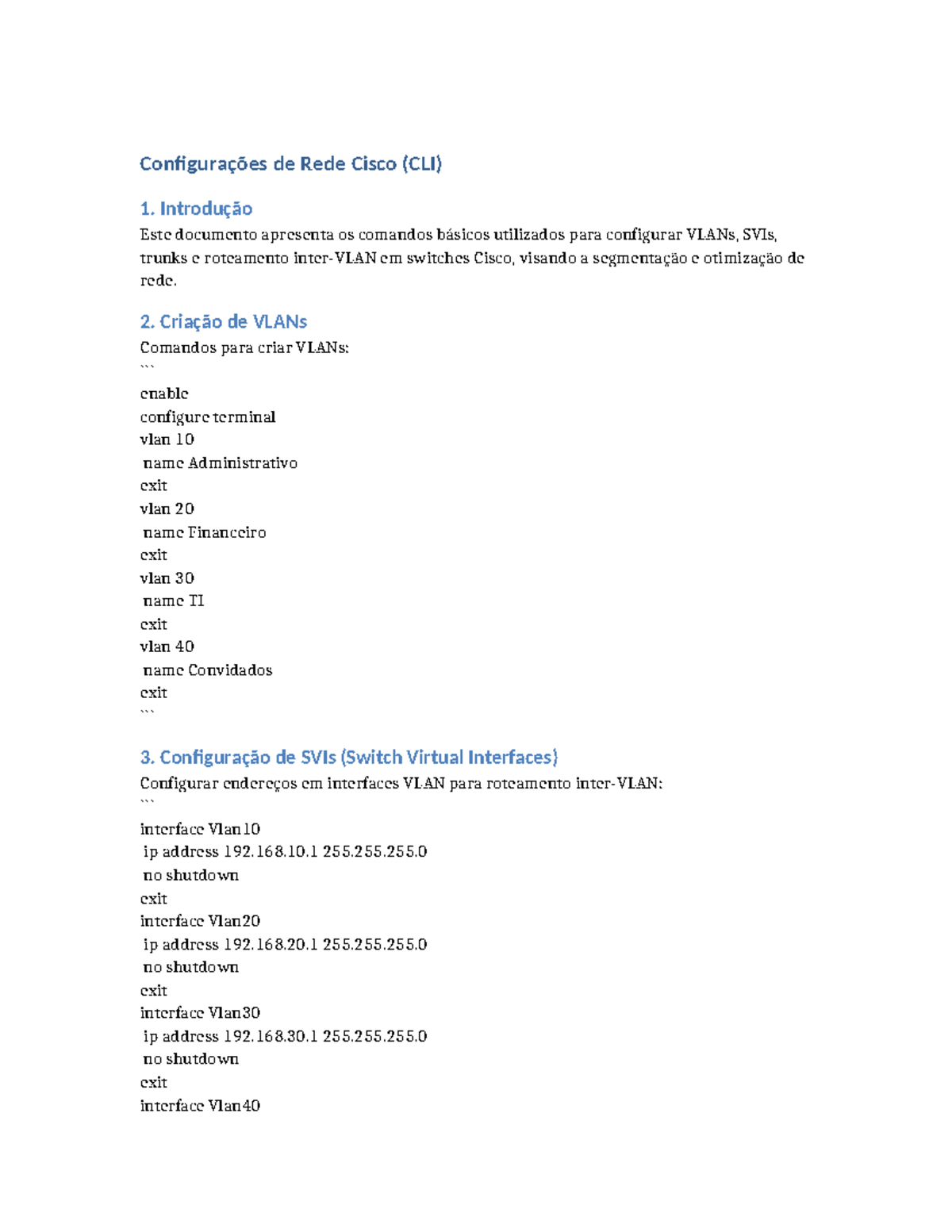 Configurações de Rede Cisco (CLI) para VLANs e Roteamento Inter-VLAN ...