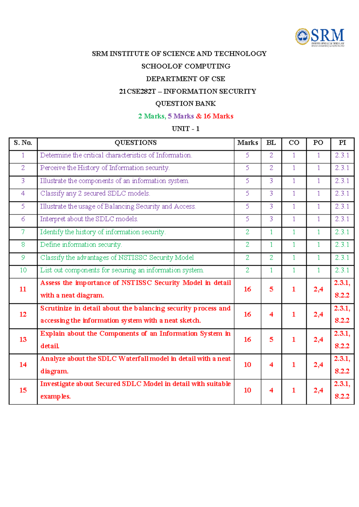 Information Security QB-CSE282T: UNIT 1 & 2 Question Bank - Document Preview