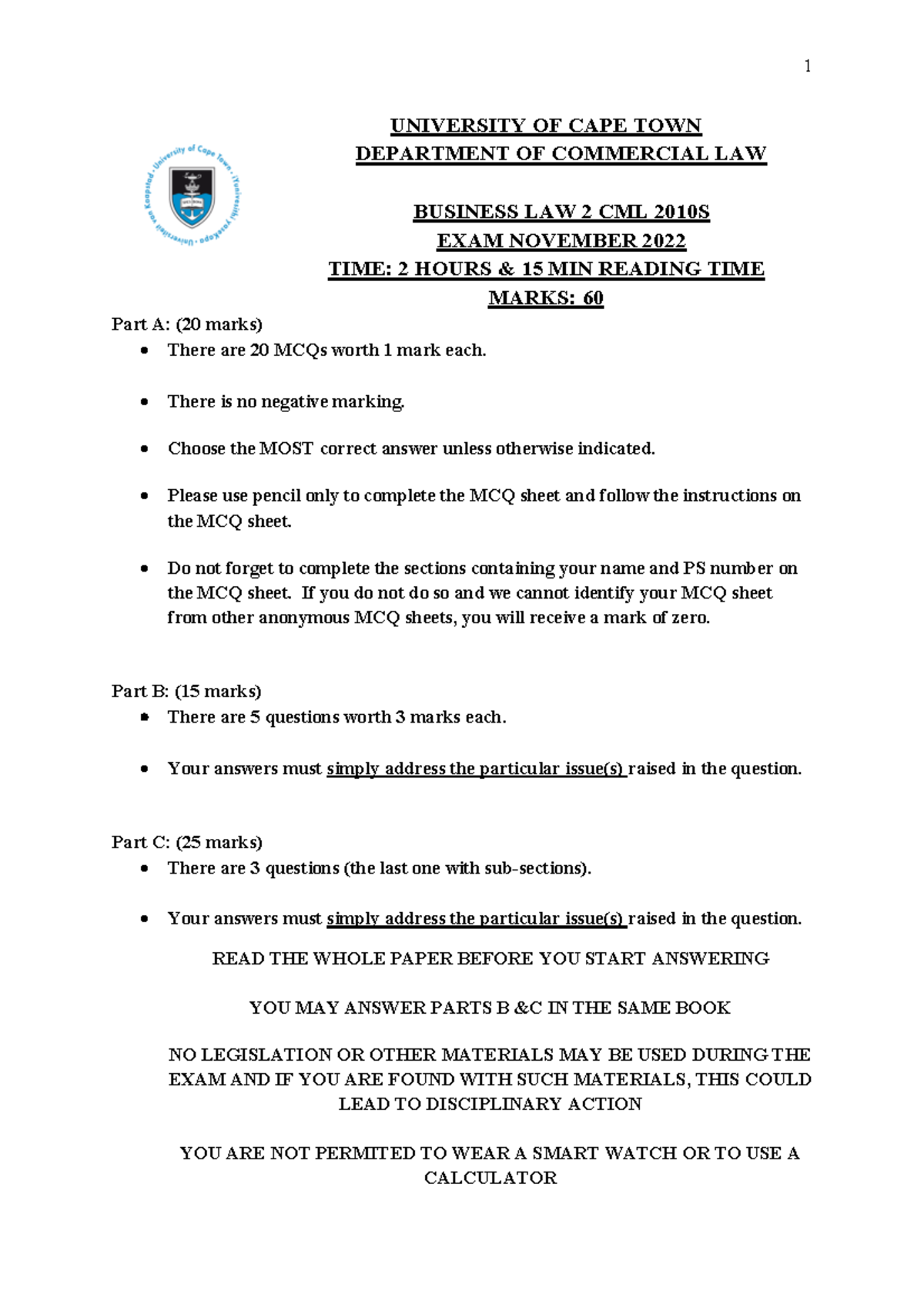 Final Exam 2022 CML1004S: Business Law 2 Exam Paper and Guidelines ...