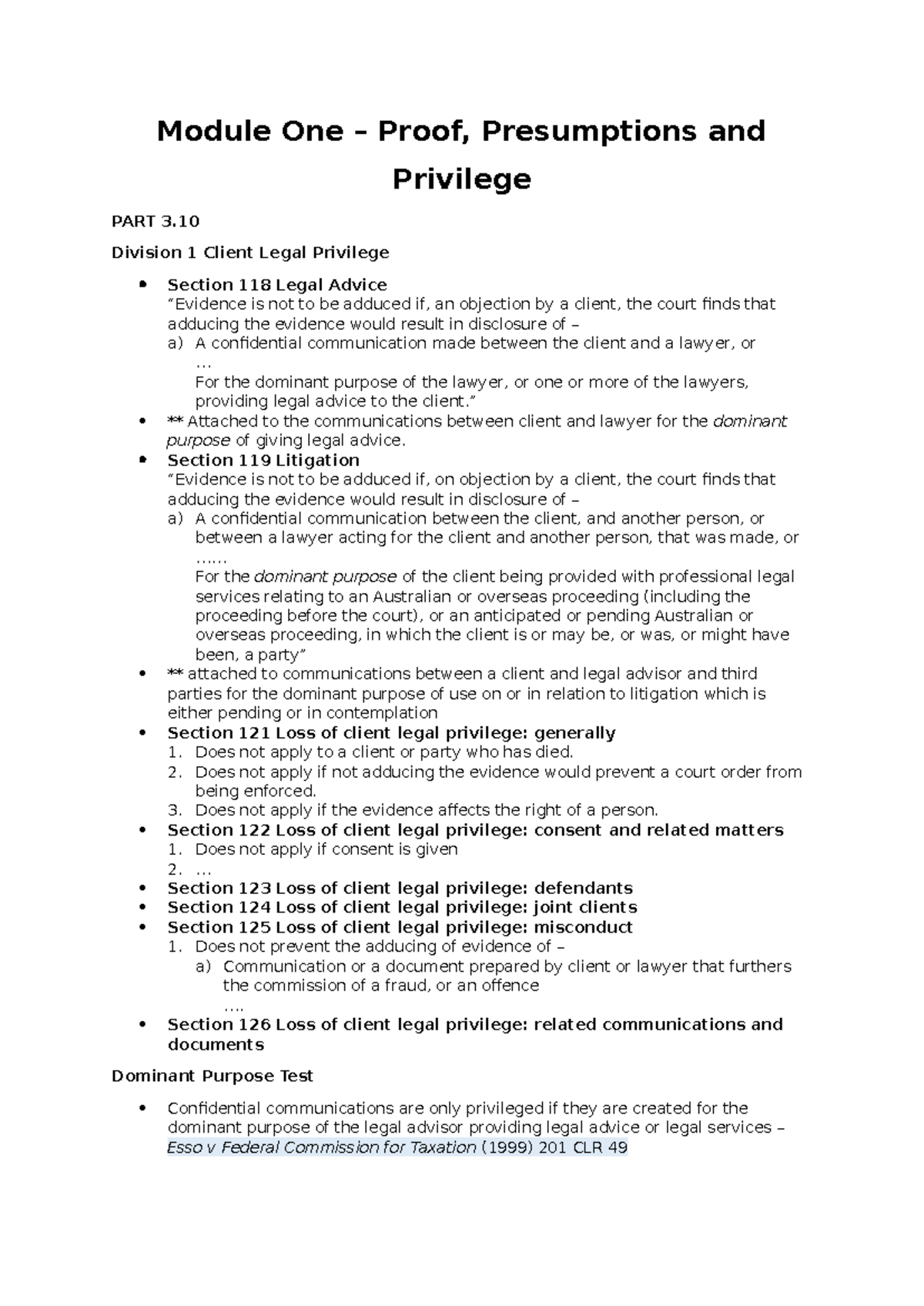 Module 1 Exam Notes: Client Legal Privilege & Evidence Law - Studocu