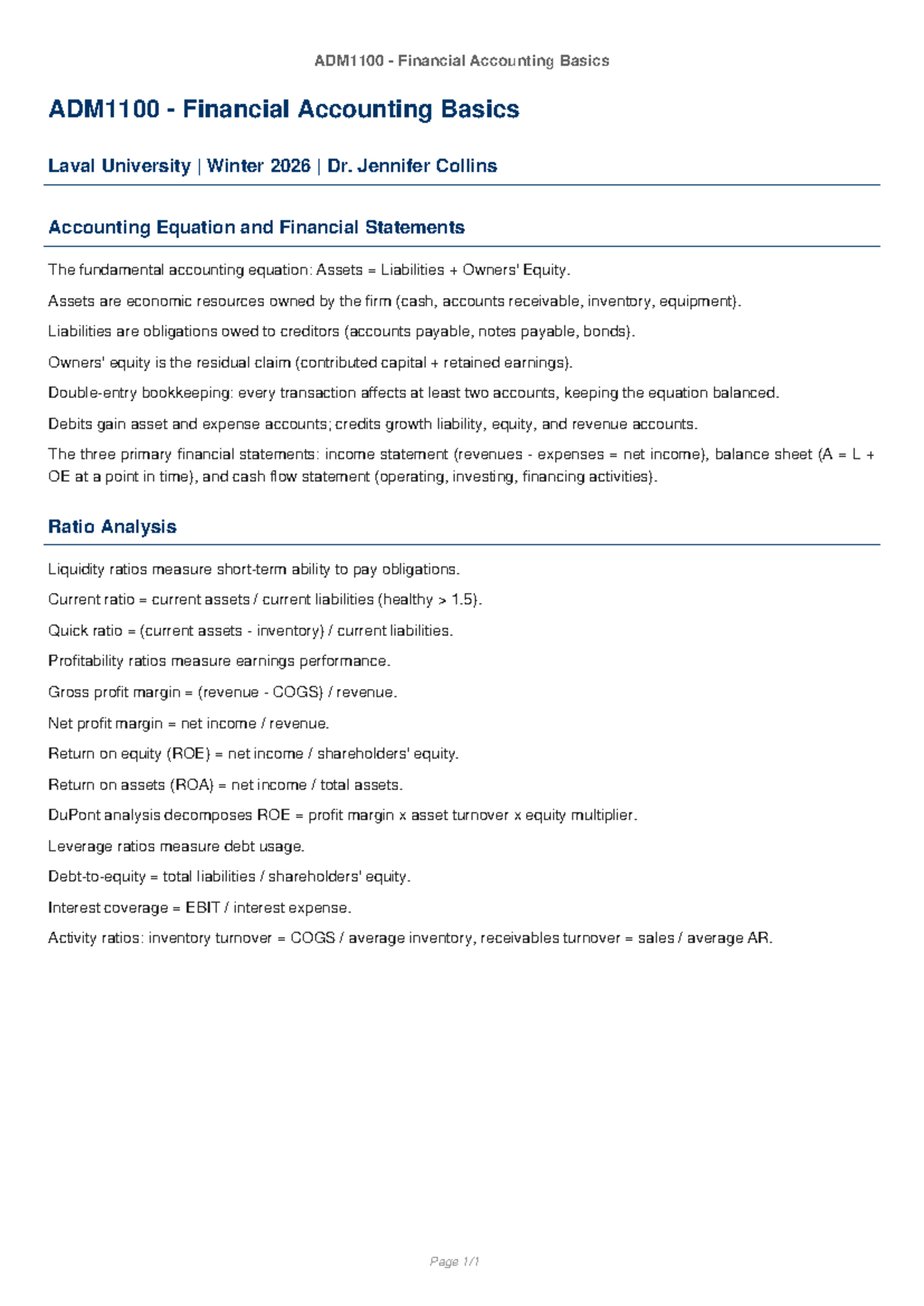 ADM1100 Financial Accounting Basics: Key Concepts & Ratios - Studocu