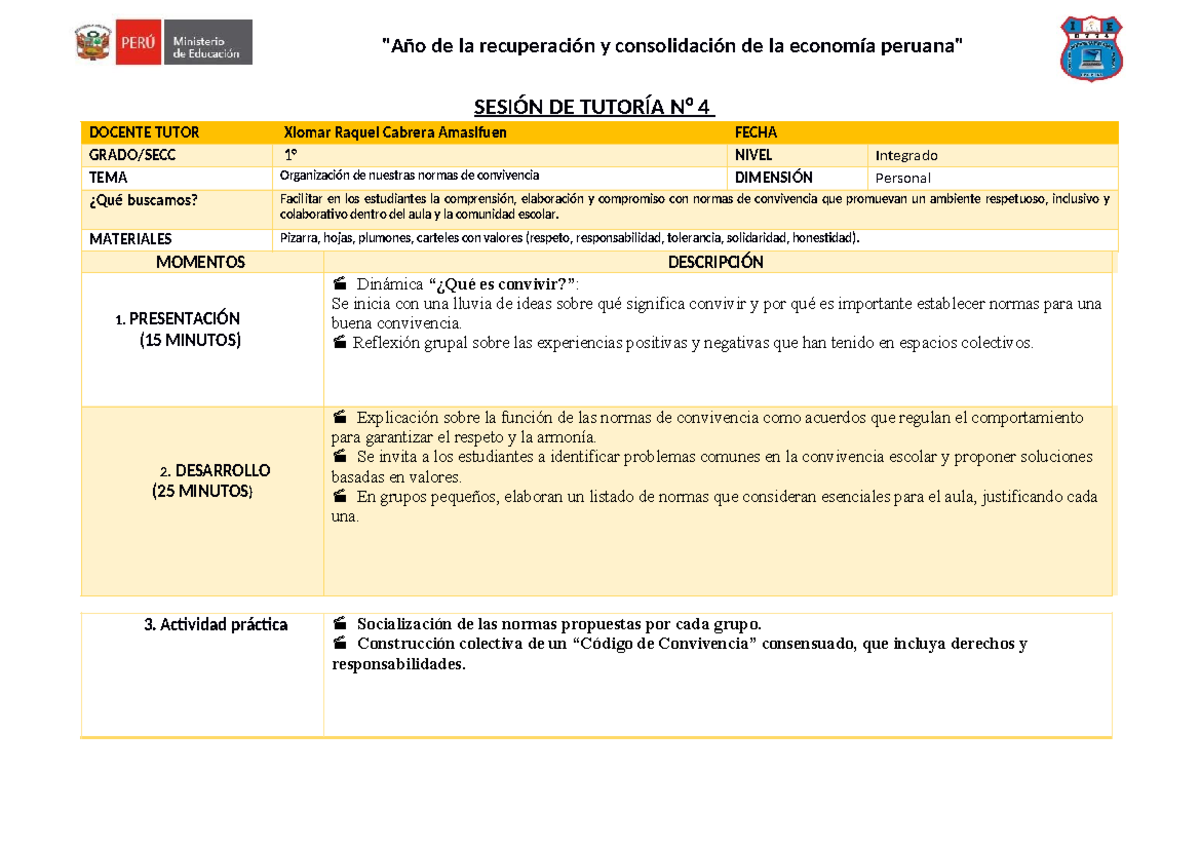 Sesión de Tutoría 4: Normas de Convivencia y Respeto en el Aula - Studocu