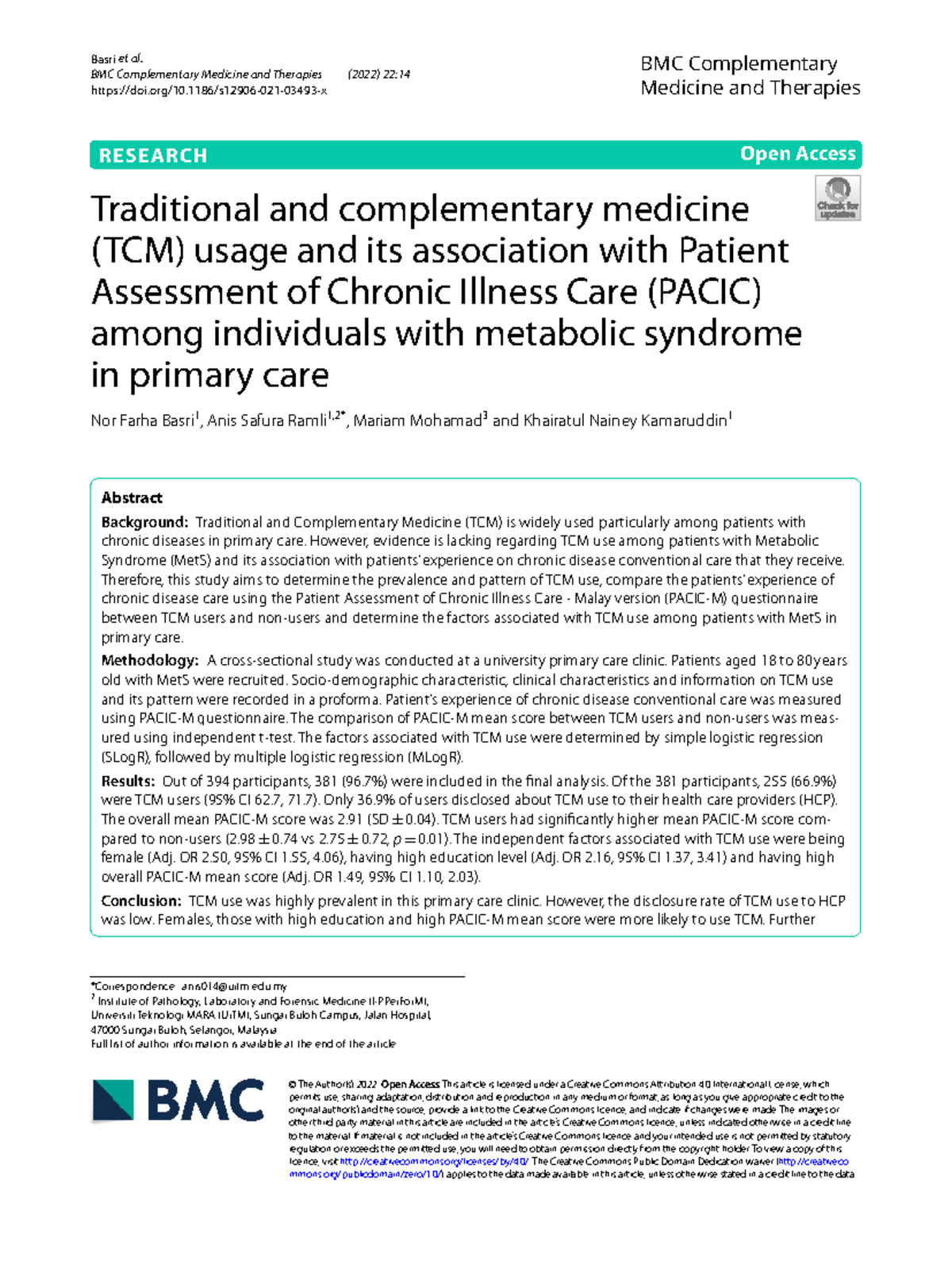TCM Use and PACIC Scores in Metabolic Syndrome Patients: A Study (2022 ...