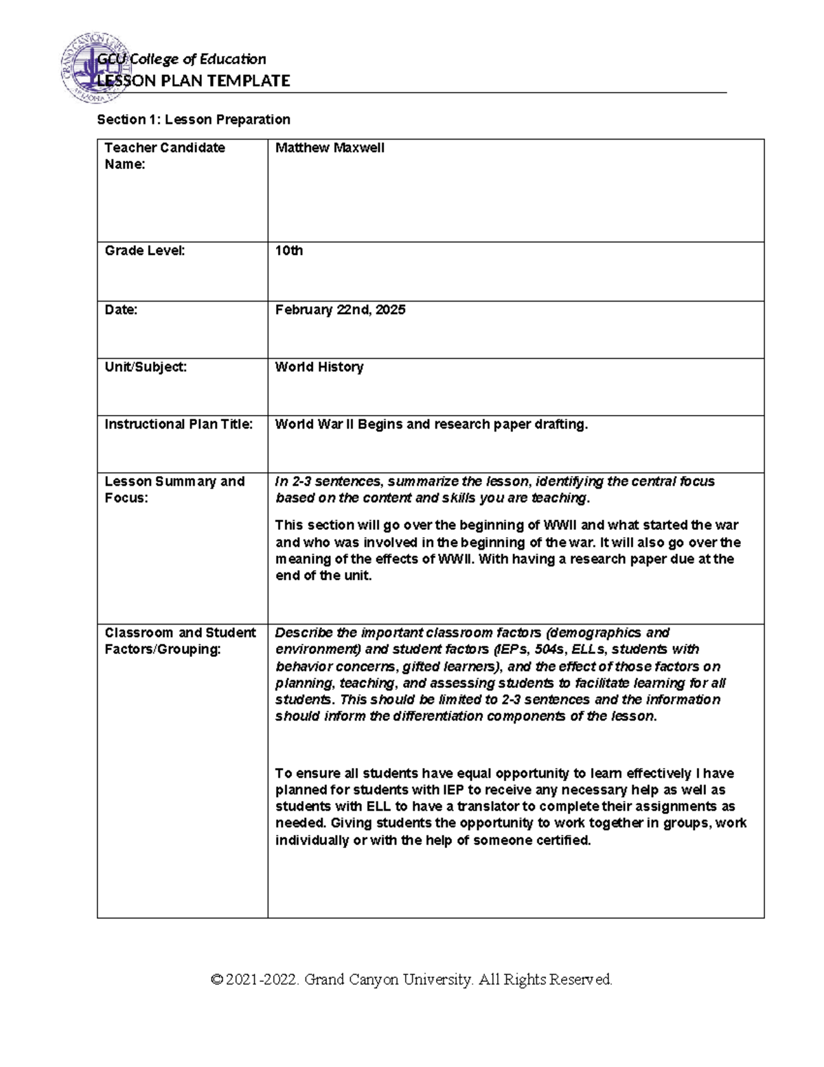 World History Lesson Plan: WWII Begins - 10th Grade (Feb 2025) - Studocu