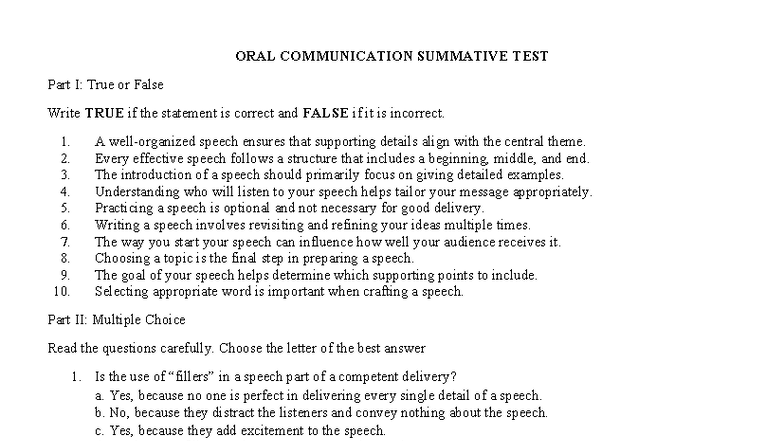 ORAL COMMUNICATION SUMMATIVE TEST: True/False & MCQ Guide - Studocu