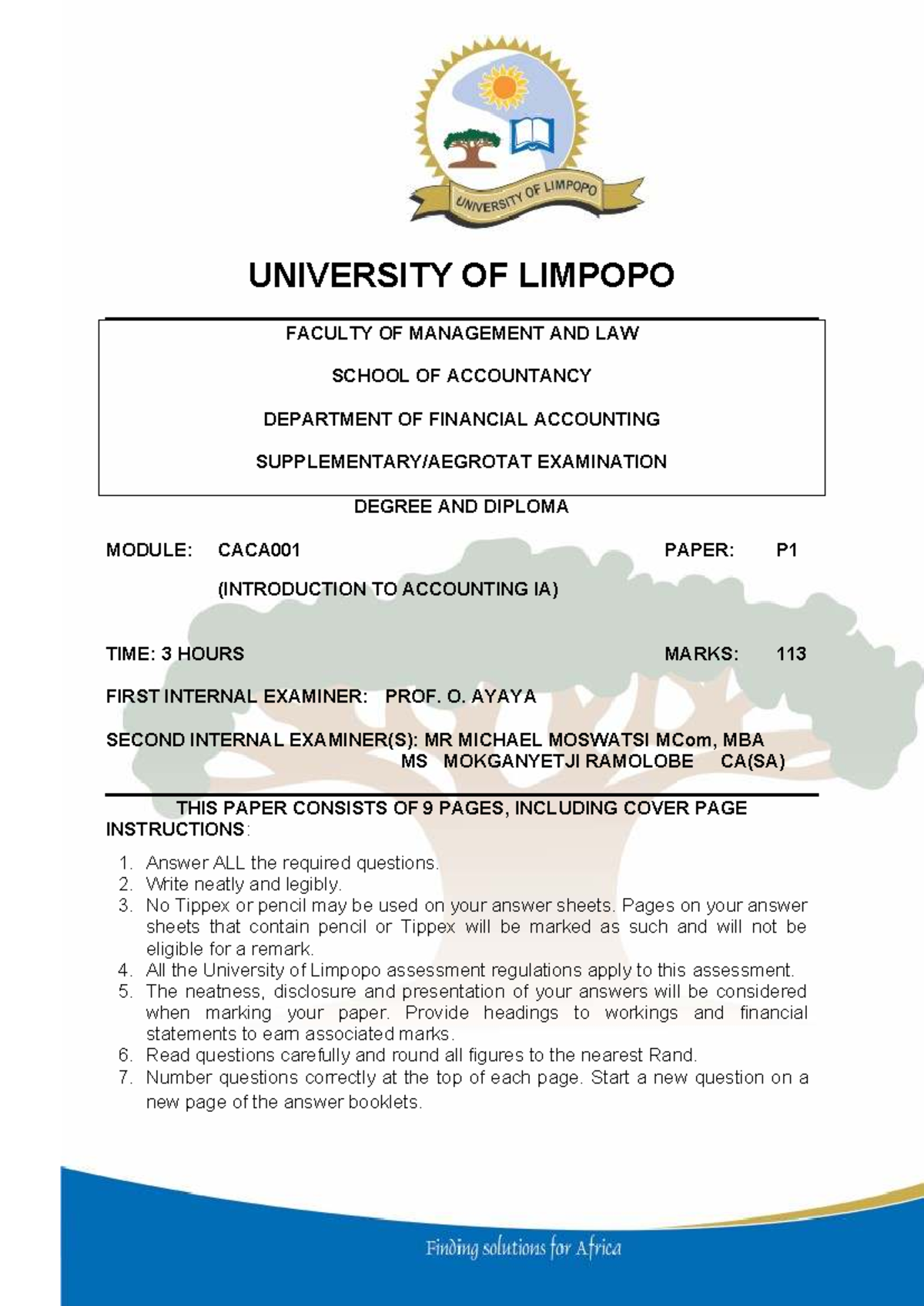 CACA001: Final Exam Question Paper Supplementary June 2025 - Studocu