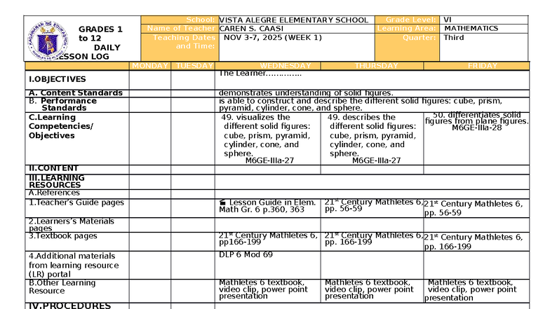 DLL MATH 6 Q3 W1: Daily Lesson Log for Solid Figures - Studocu