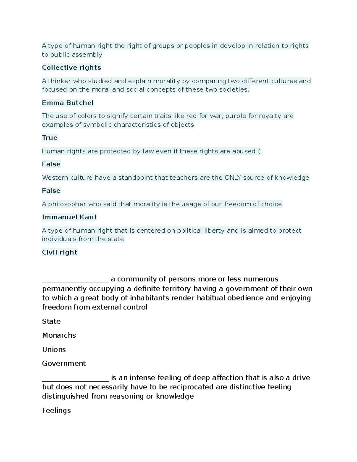 Ethics - Answer key - A type of human right the right of groups or ...