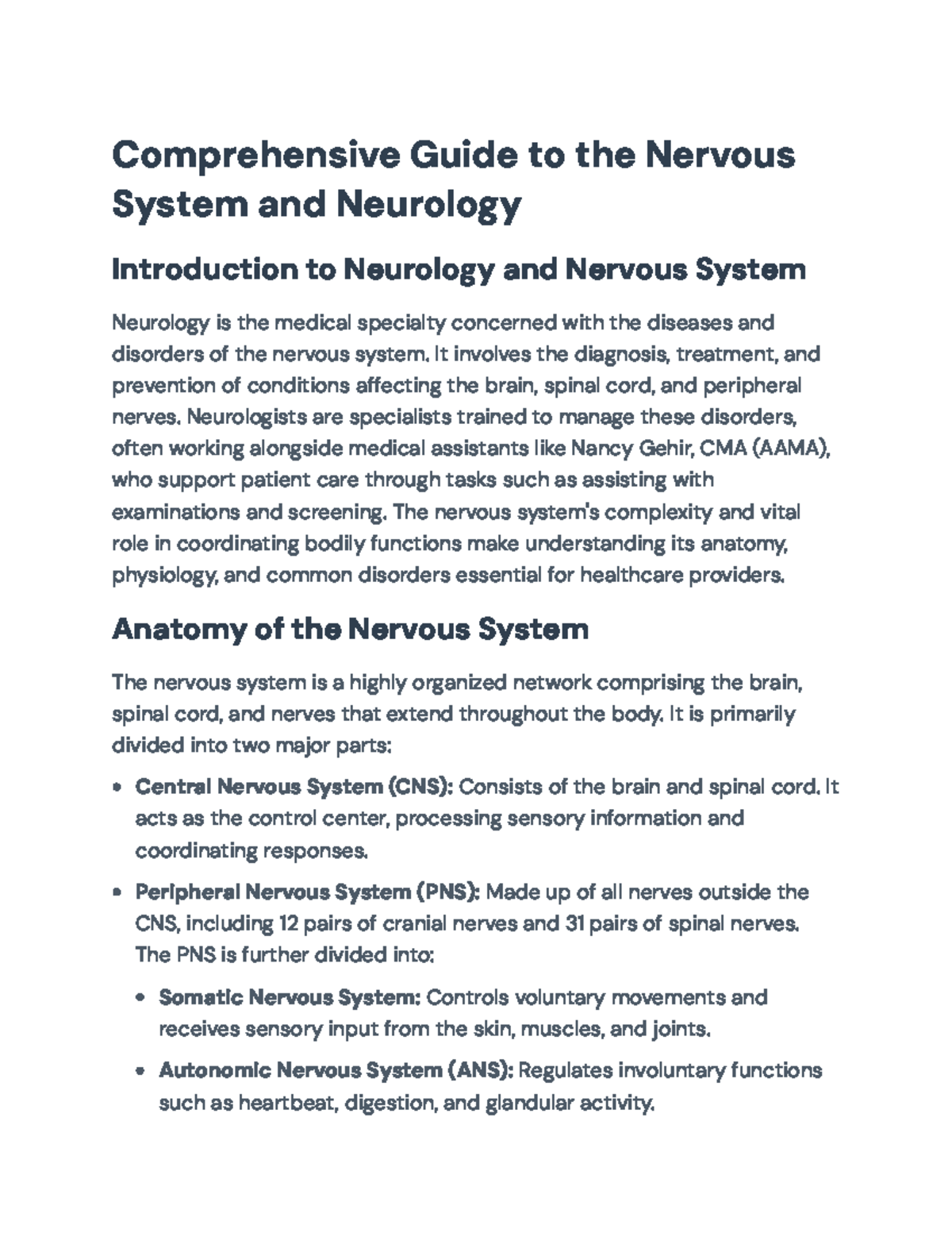 Comprehensive Overview of the Nervous System (NUR 101) - Studocu