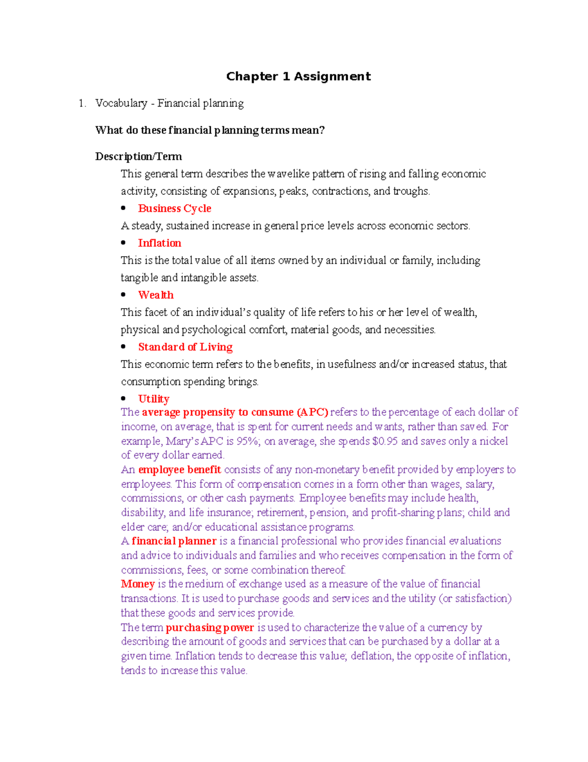 Chapter 1 Financial Planning Assignment - Key Terms & Concepts - Studocu